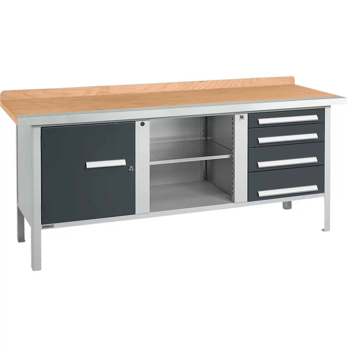 Box-type werkbank Schäfer Shop Select PW 200-1, beuken multiplex blad, met stalen rand, tot 750 kg, B 2000 x D 700 x H 840 mm, antraciet