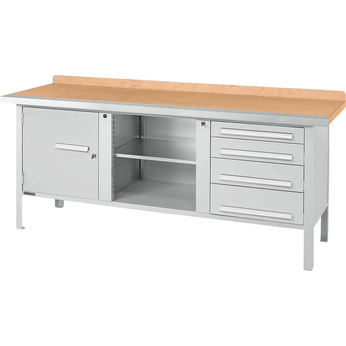 Box-type werkbank Schäfer Shop Select PW 200-1, beuken multiplex blad, met stalen rand, tot 750 kg, B 2000 x D 700 x H 840 mm, lichtgrijs