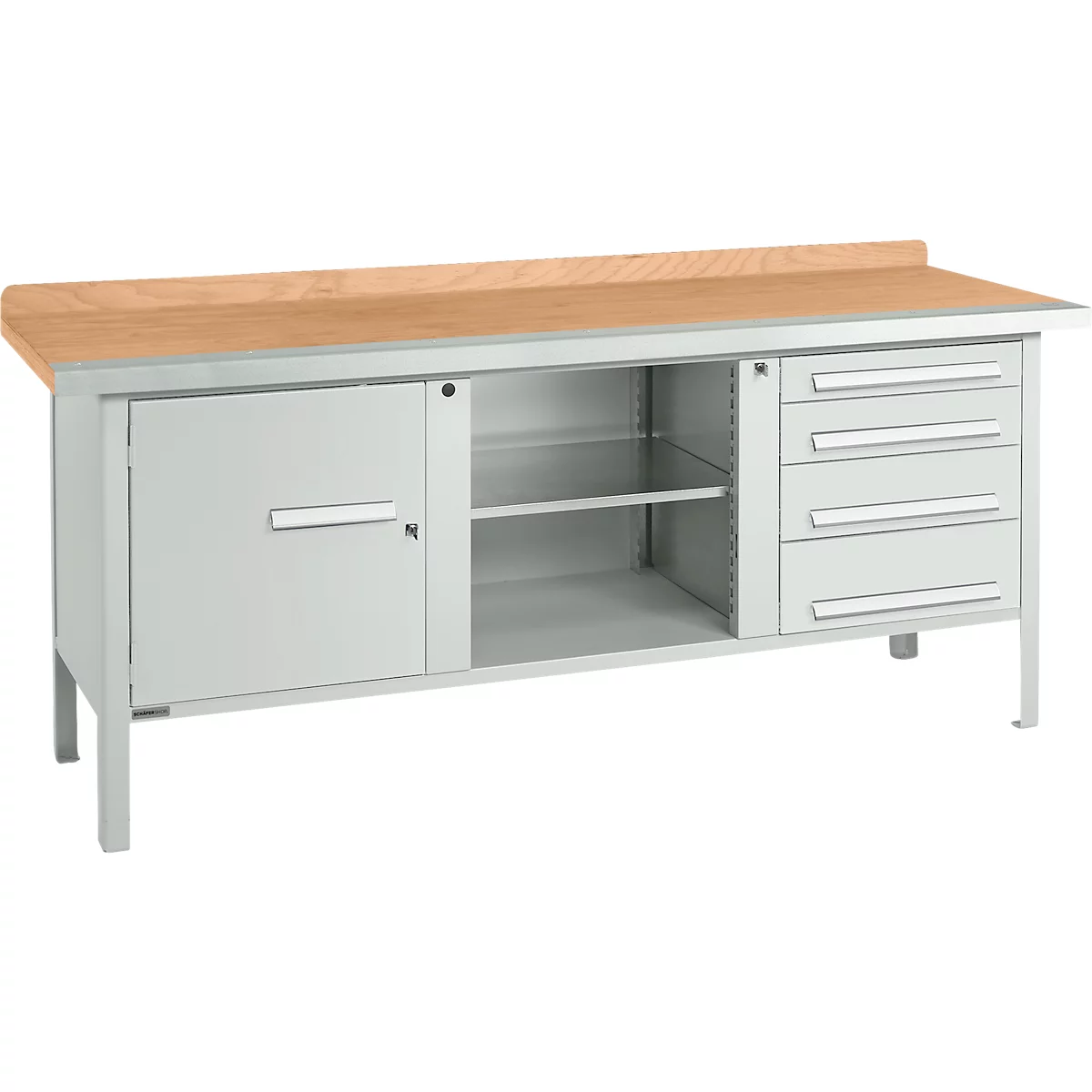 Box-type werkbank Schäfer Shop Select PW 200-1, beuken multiplex blad, met stalen rand, tot 750 kg, B 2000 x D 700 x H 840 mm, lichtgrijs
