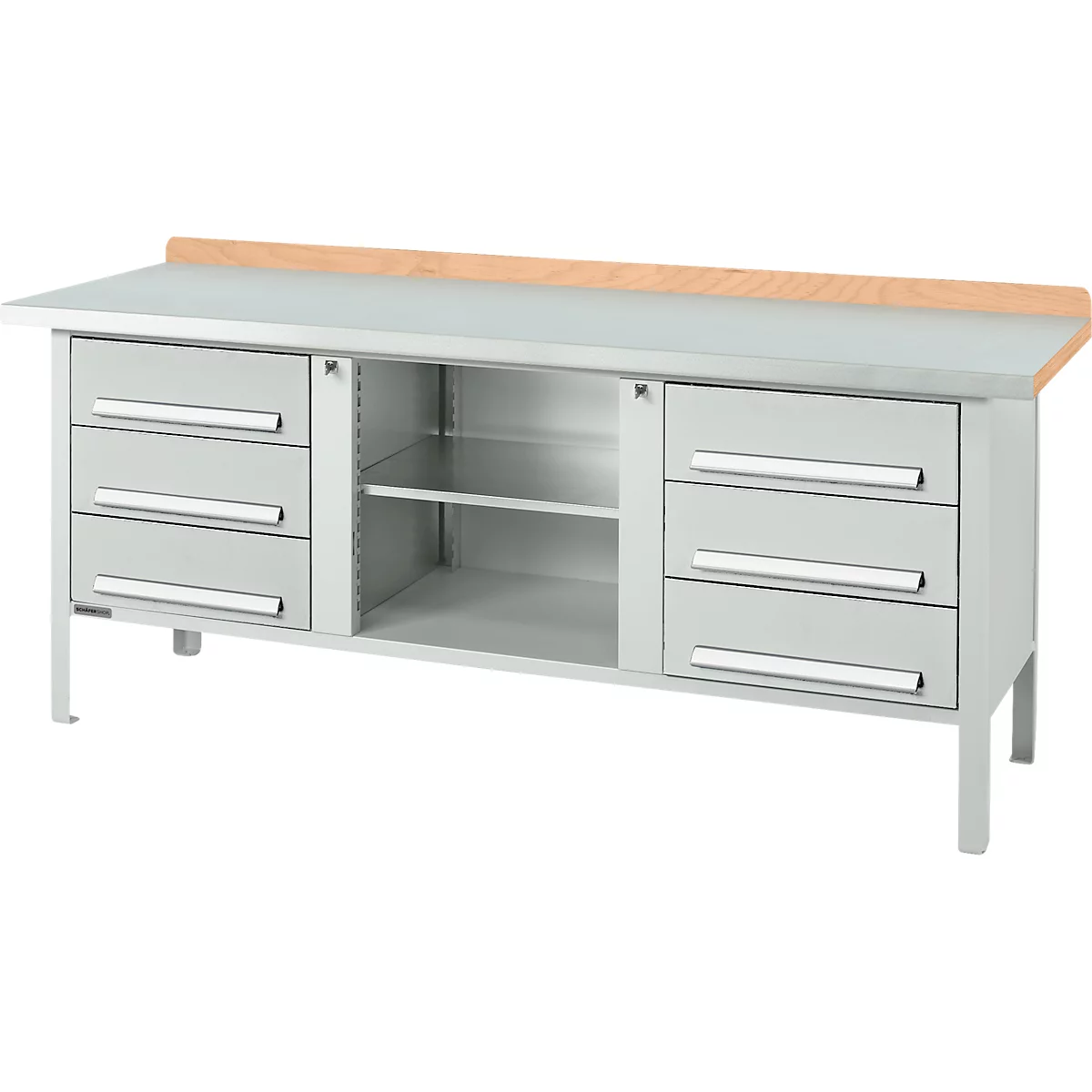 Box-type werkbank Schäfer Shop Select PW 200-2, beuken multiplex blad, met stalen afdekking, tot 750 kg, B 2000 x D 700 x H 840 mm, lichtgrijs