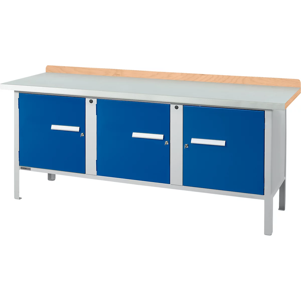 Box-type werkbank Schäfer Shop Select PW 200-3, beuken multiplex blad, met stalen afdekking, tot 750 kg, B 2000 x D 700 x H 840 mm, gentiaanblauw