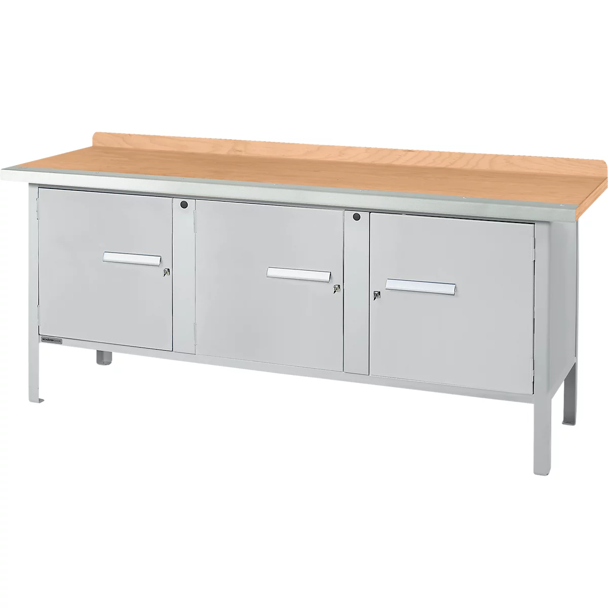 Box-type werkbank Schäfer Shop Select PW 200-3, beuken multiplex blad, met stalen rand, tot 750 kg, B 2000 x D 700 x H 840 mm, blank aluminium