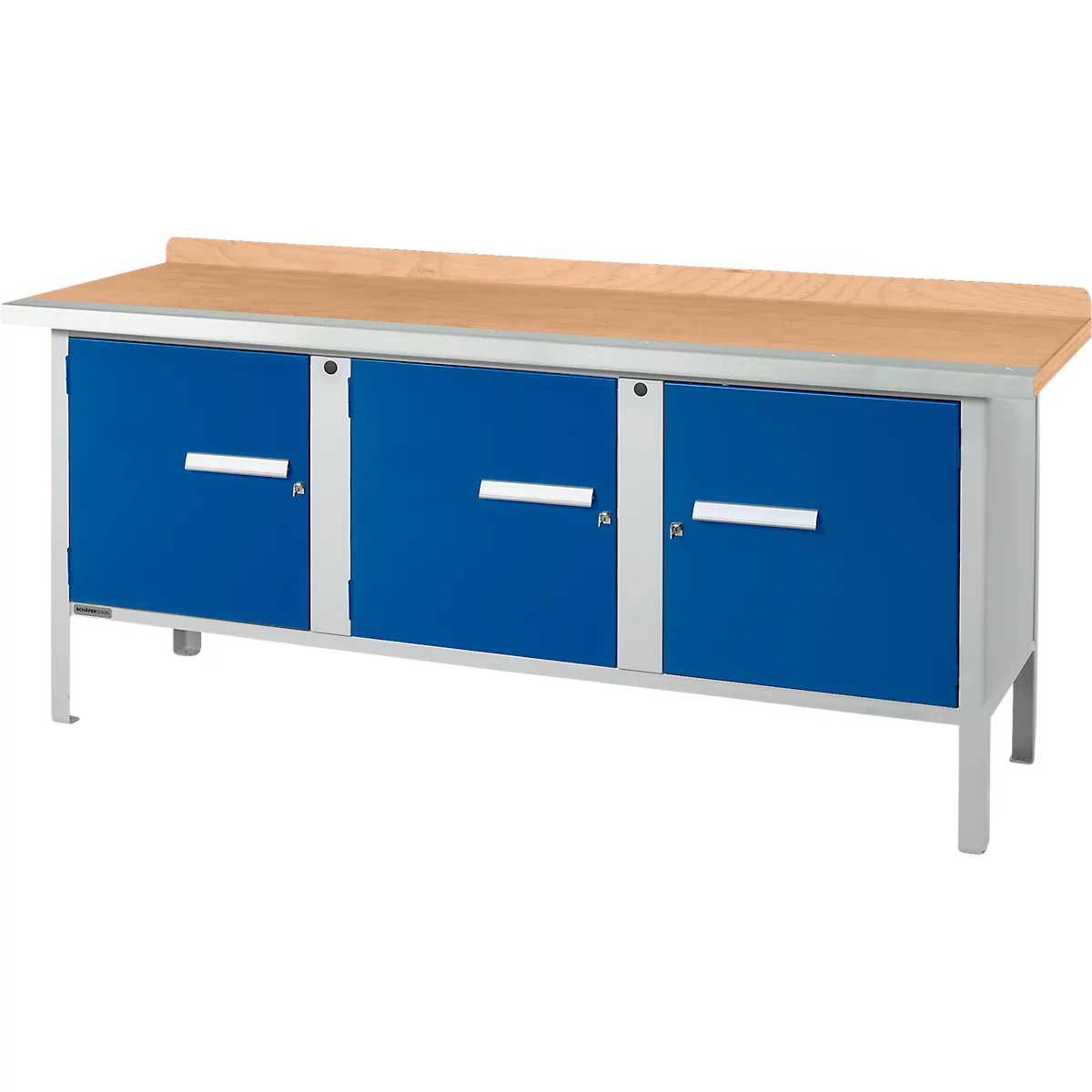 Box-type werkbank Schäfer Shop Select PW 200-3, beuken multiplex blad, met stalen rand, tot 750 kg, B 2000 x D 700 x H 840 mm, gentiaanblauw