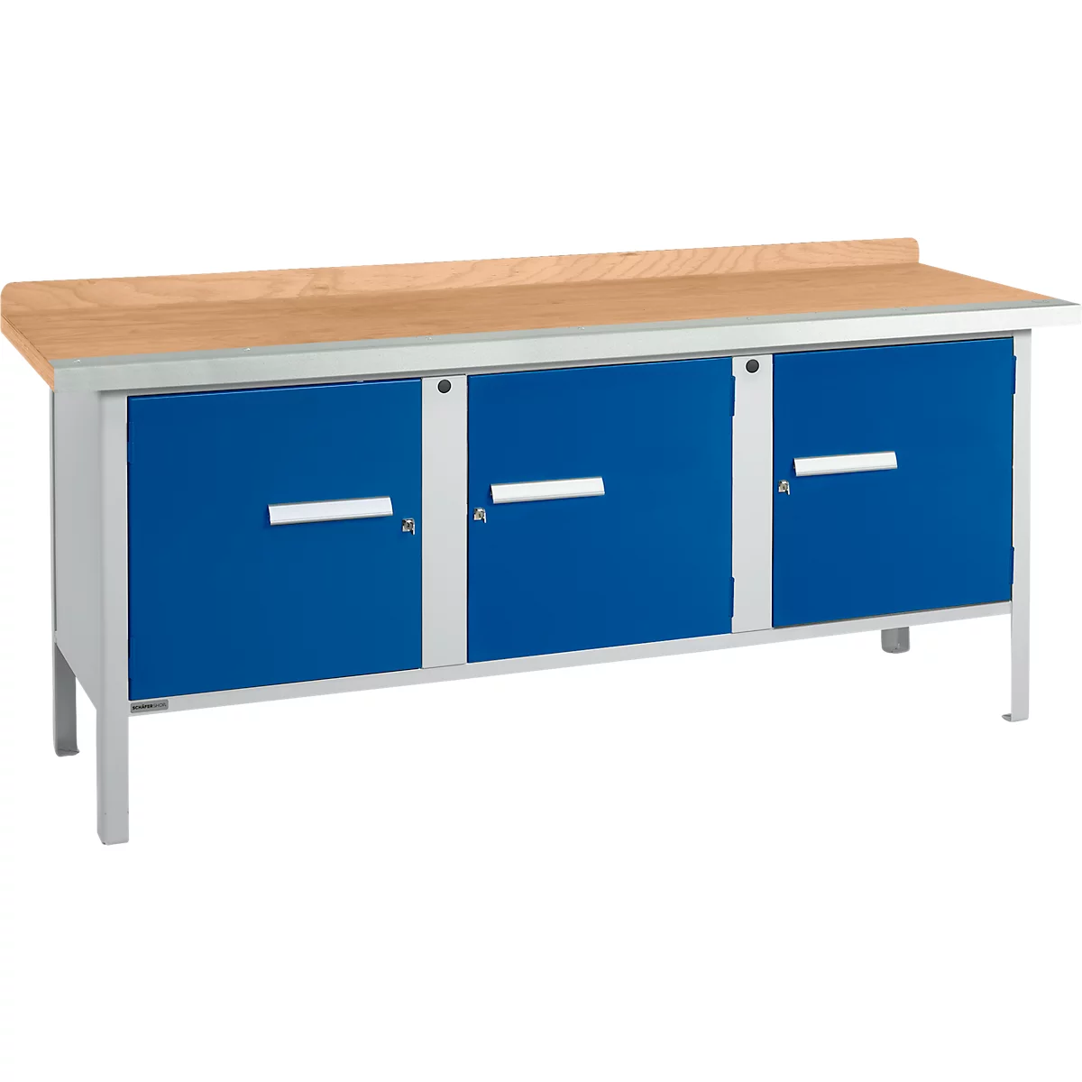 Box-type werkbank Schäfer Shop Select PW 200-3, beuken multiplex blad, met stalen rand, tot 750 kg, B 2000 x D 700 x H 840 mm, gentiaanblauw