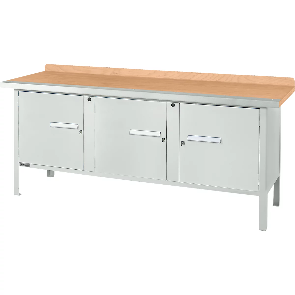 Box-type werkbank Schäfer Shop Select PW 200-3, beuken multiplex blad, met stalen rand, tot 750 kg, B 2000 x D 700 x H 840 mm, lichtgrijs
