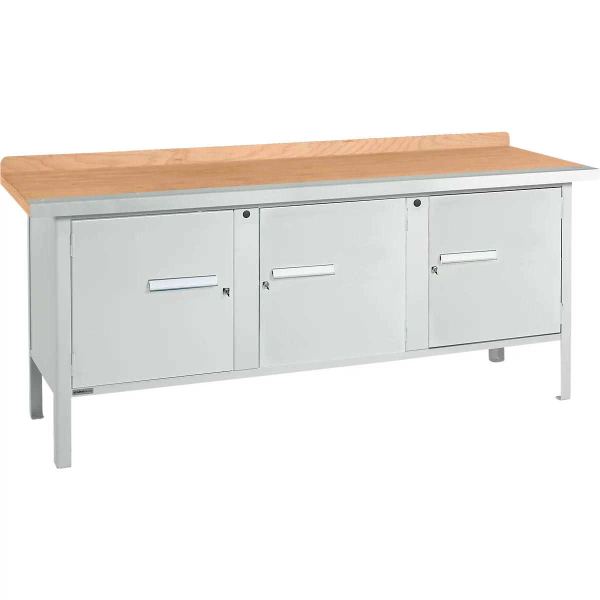 Box-type werkbank Schäfer Shop Select PW 200-3, beuken multiplex blad, met stalen rand, tot 750 kg, B 2000 x D 700 x H 840 mm, lichtgrijs