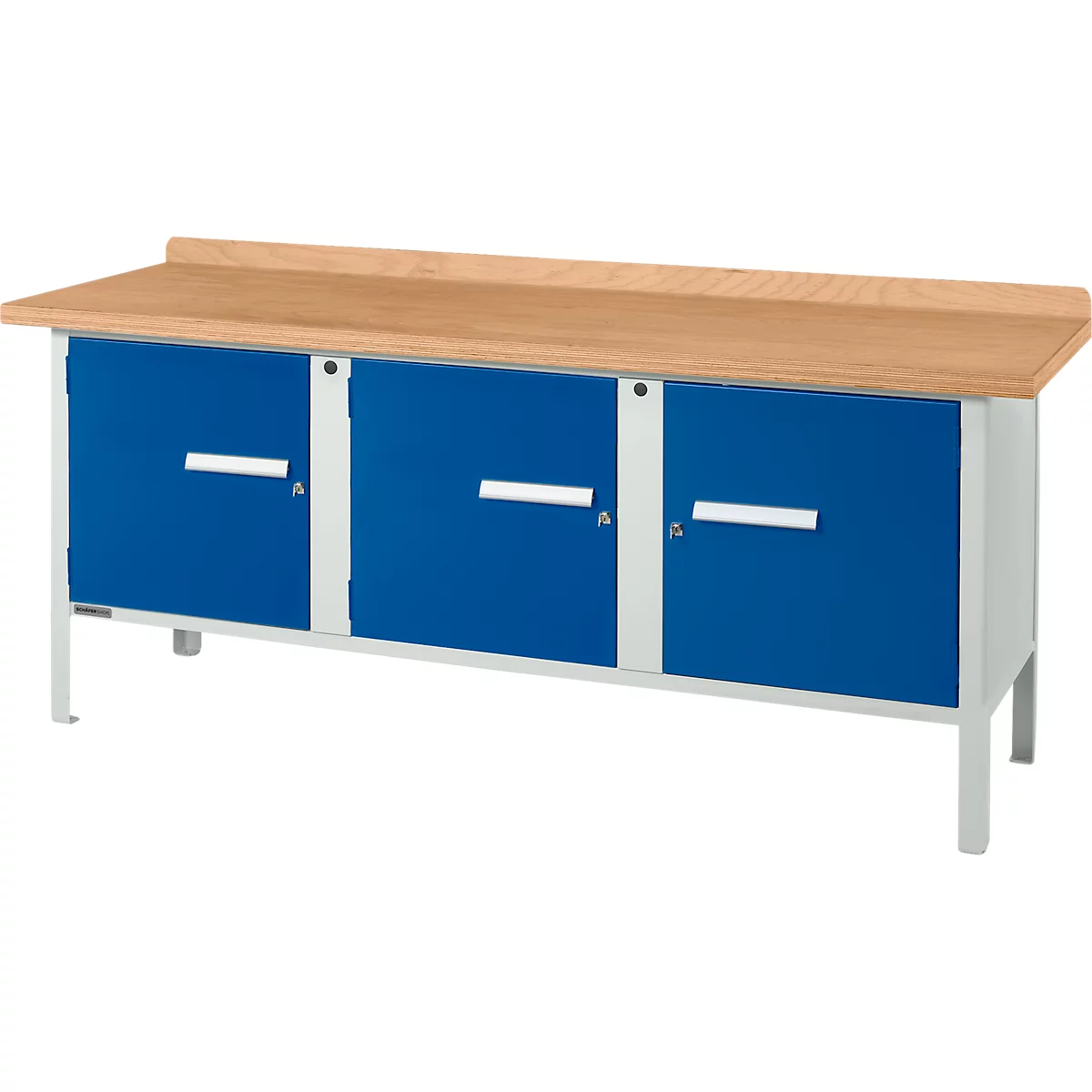 Box-type werkbank Schäfer Shop Select PW 200-3, beuken multiplex blad, tot 750 kg, B 2000 x D 700 x H 840 mm, gentiaanblauw