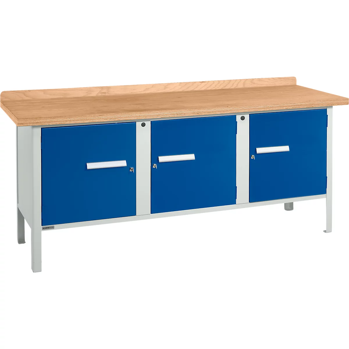 Box-type werkbank Schäfer Shop Select PW 200-3, beuken multiplex blad, tot 750 kg, B 2000 x D 700 x H 840 mm, gentiaanblauw