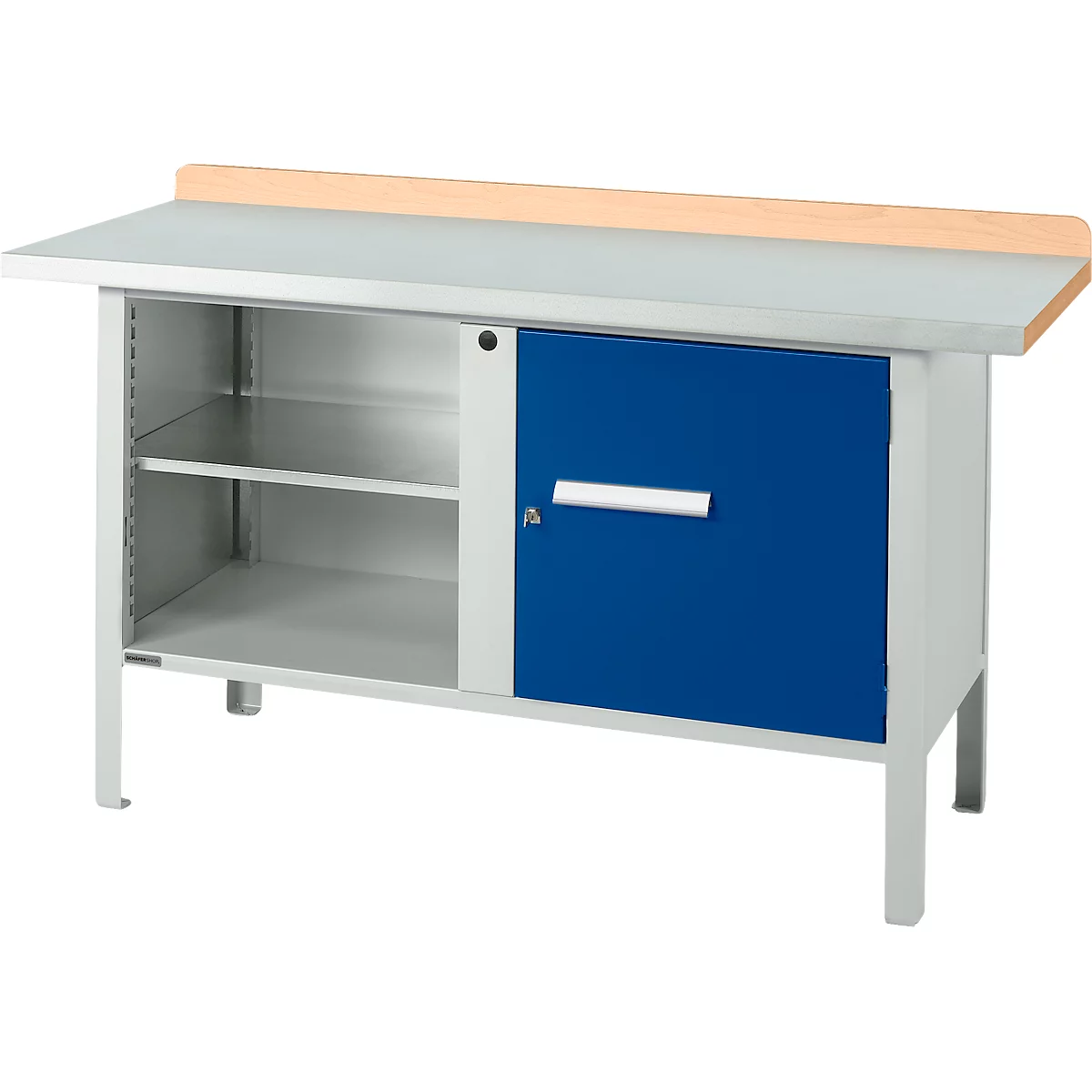 Box-type werkbank Schäfer Shop Select PWi 150-1, beuken multiplex blad, met stalen afdekking, tot 750 kg, B 1500 x D 700 x H 840 mm, gentiaanblauw