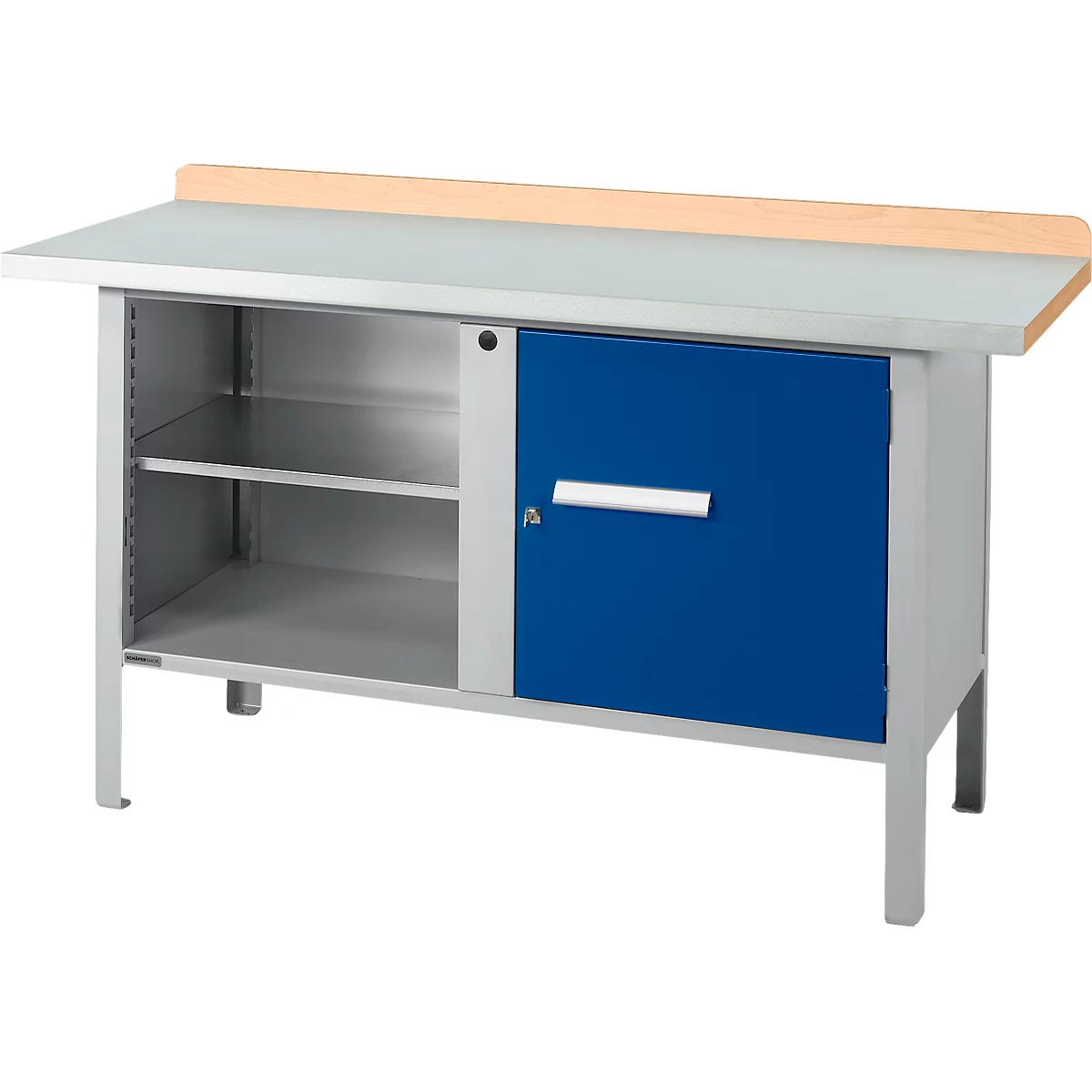 Box-type werkbank Schäfer Shop Select PWi 150-1, beuken multiplex blad, met stalen afdekking, tot 750 kg, B 1500 x D 700 x H 840 mm, gentiaanblauw