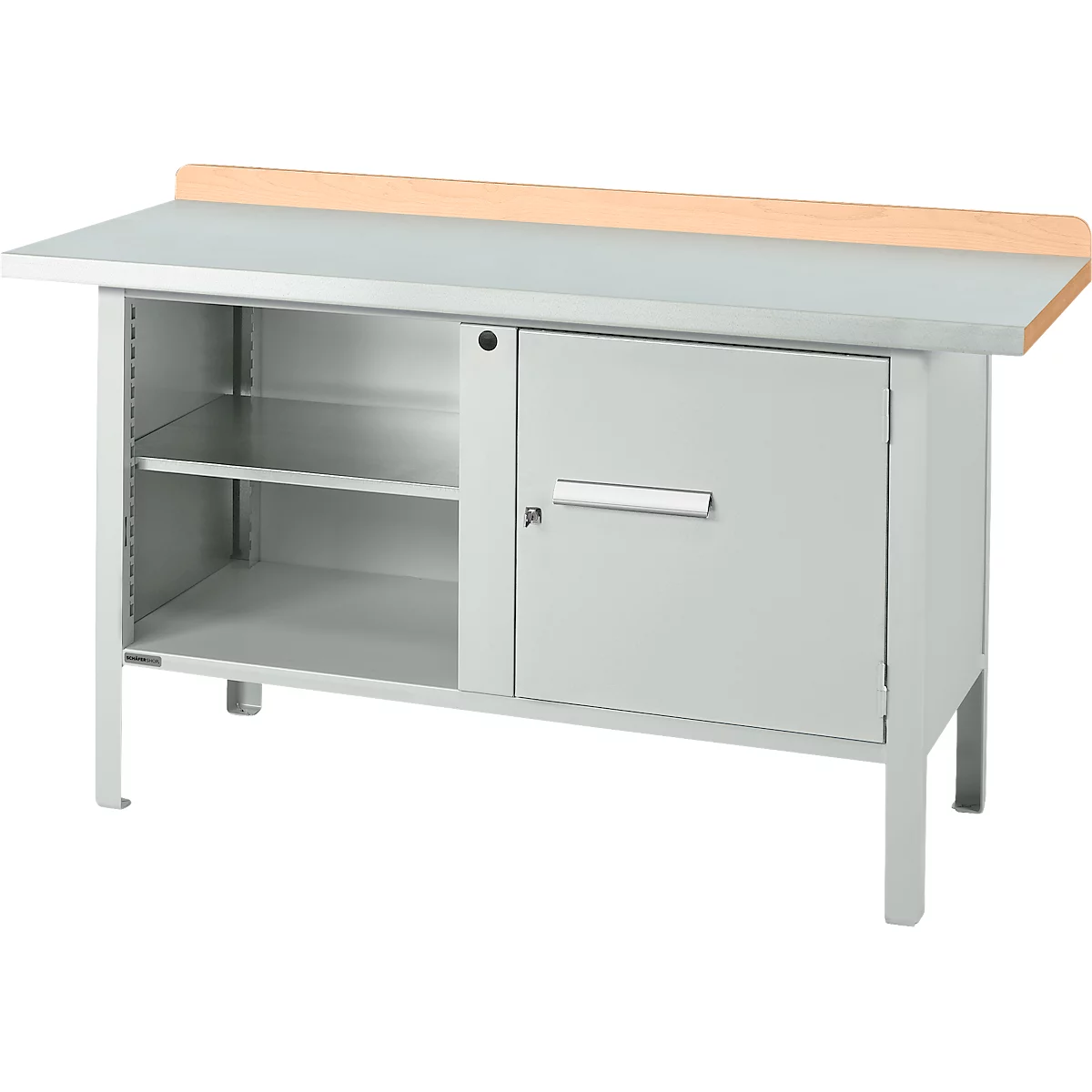Box-type werkbank Schäfer Shop Select PWi 150-1, beuken multiplex blad, met stalen afdekking, tot 750 kg, B 1500 x D 700 x H 840 mm, lichtgrijs