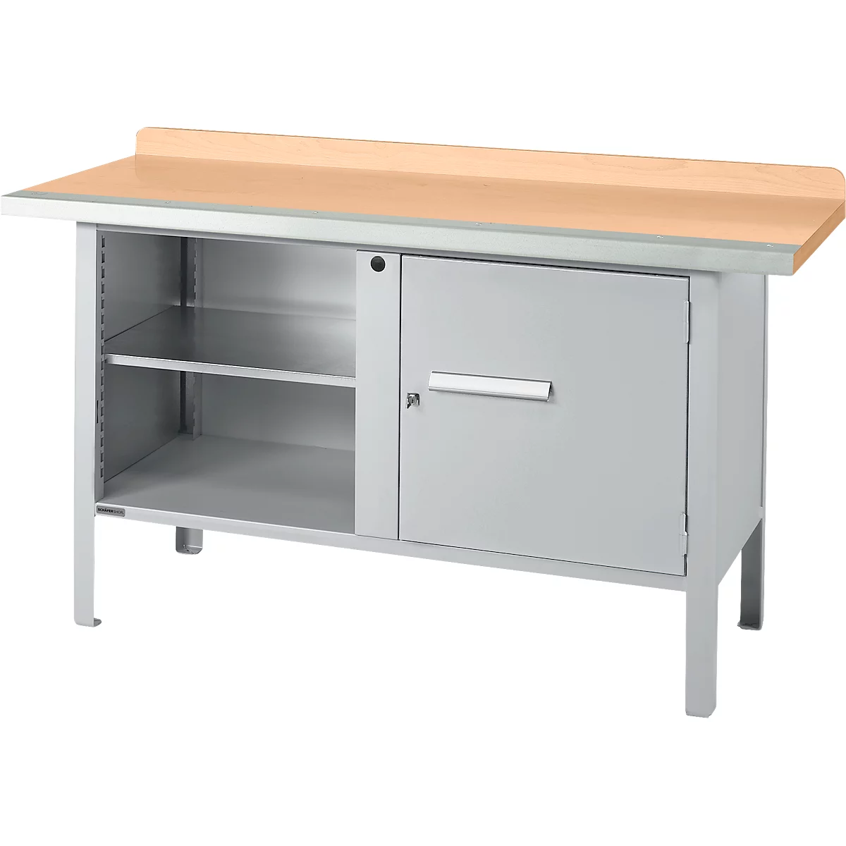 Box-type werkbank Schäfer Shop Select PWi 150-1, beuken multiplex blad, met stalen rand, tot 750 kg, B 1500 x D 700 x H 840 mm, blank aluminium