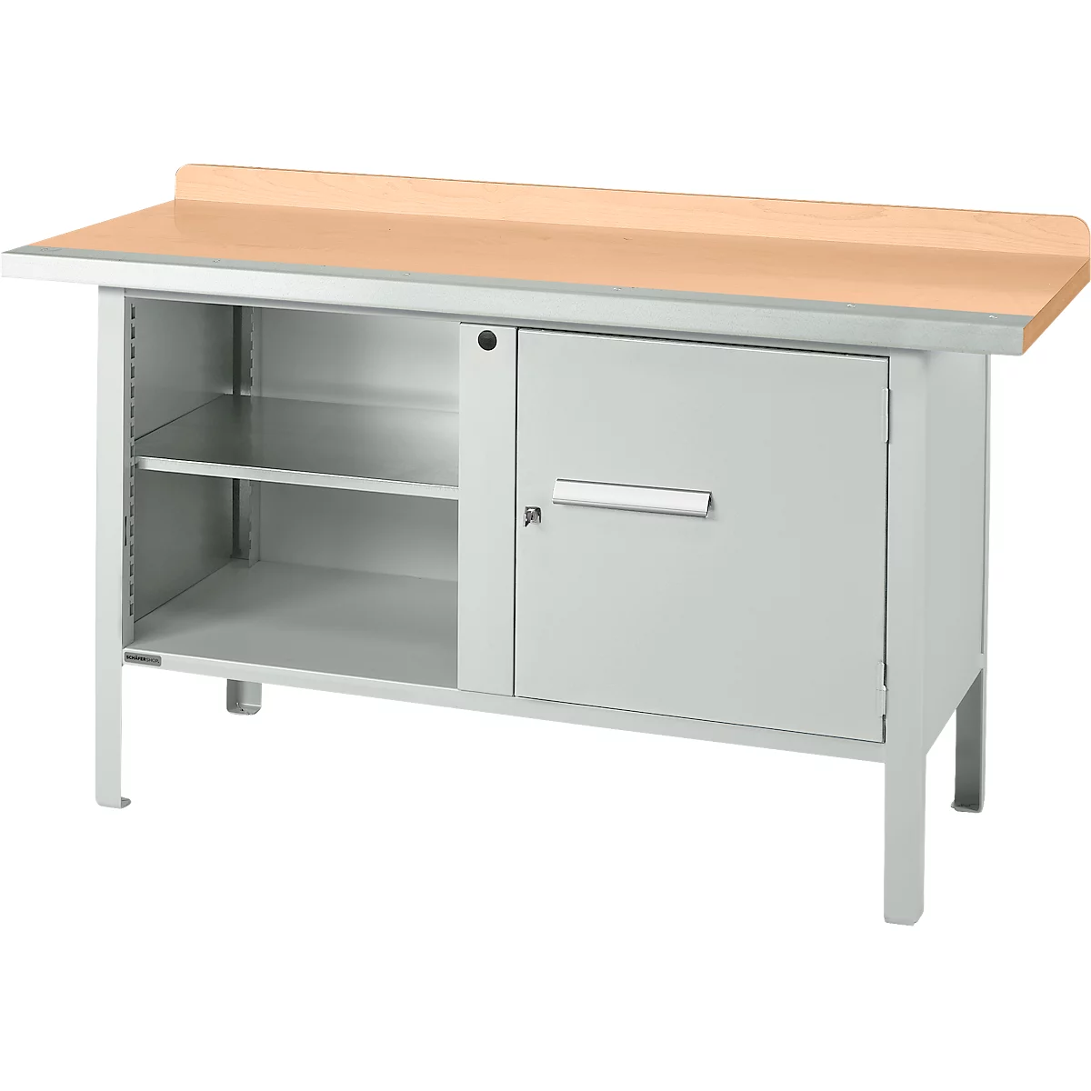 Box-type werkbank Schäfer Shop Select PWi 150-1, beuken multiplex blad, met stalen rand, tot 750 kg, B 1500 x D 700 x H 840 mm, lichtgrijs