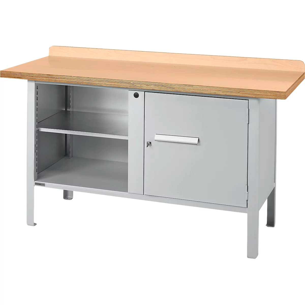 Box-type werkbank Schäfer Shop Select PWi 150-1, beuken multiplex blad, tot 750 kg, B 1500 x D 700 x H 840 mm, blank aluminium