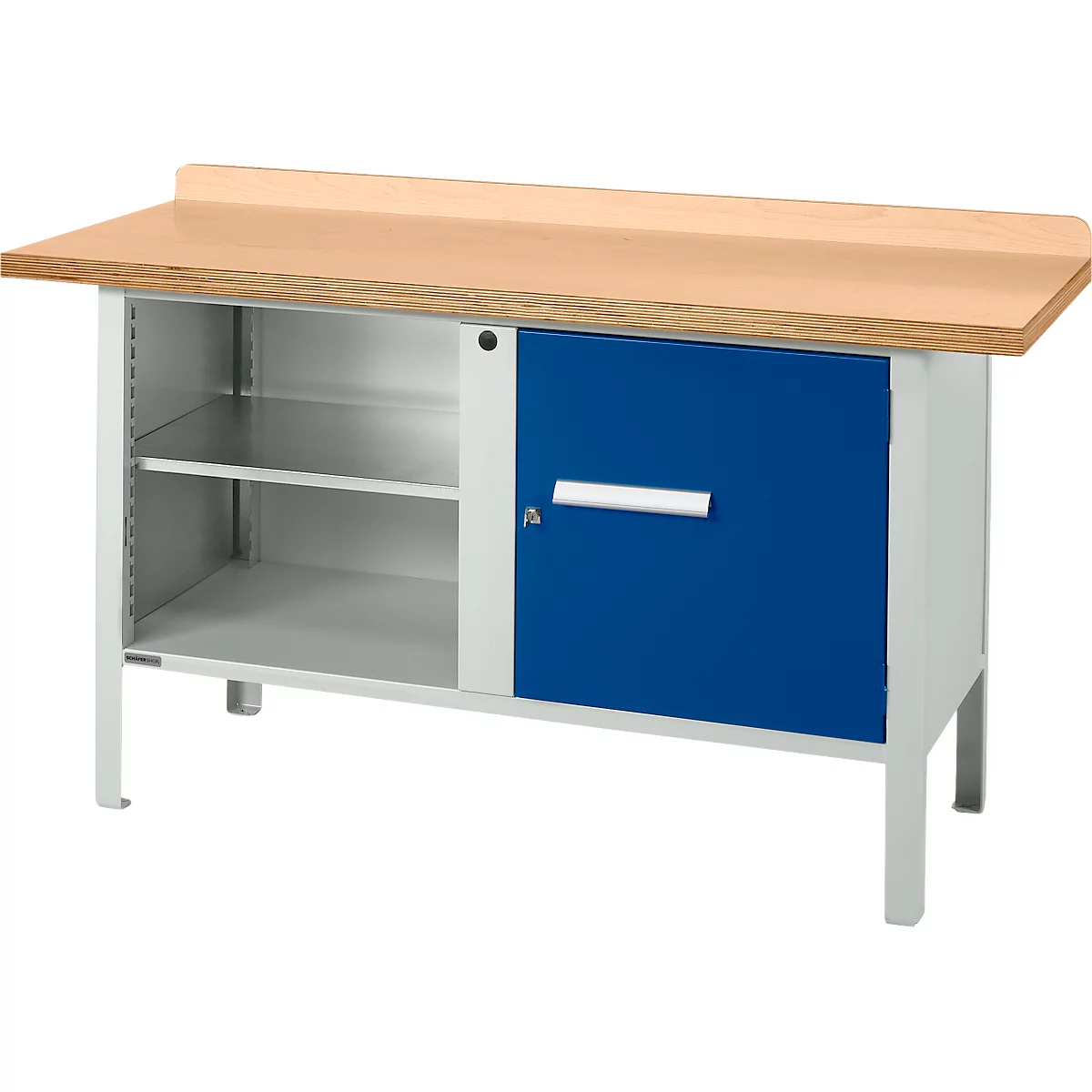 Werkbank met houten bovenblad, blauwe deur, open kastruimte. Staat op metalen poten.