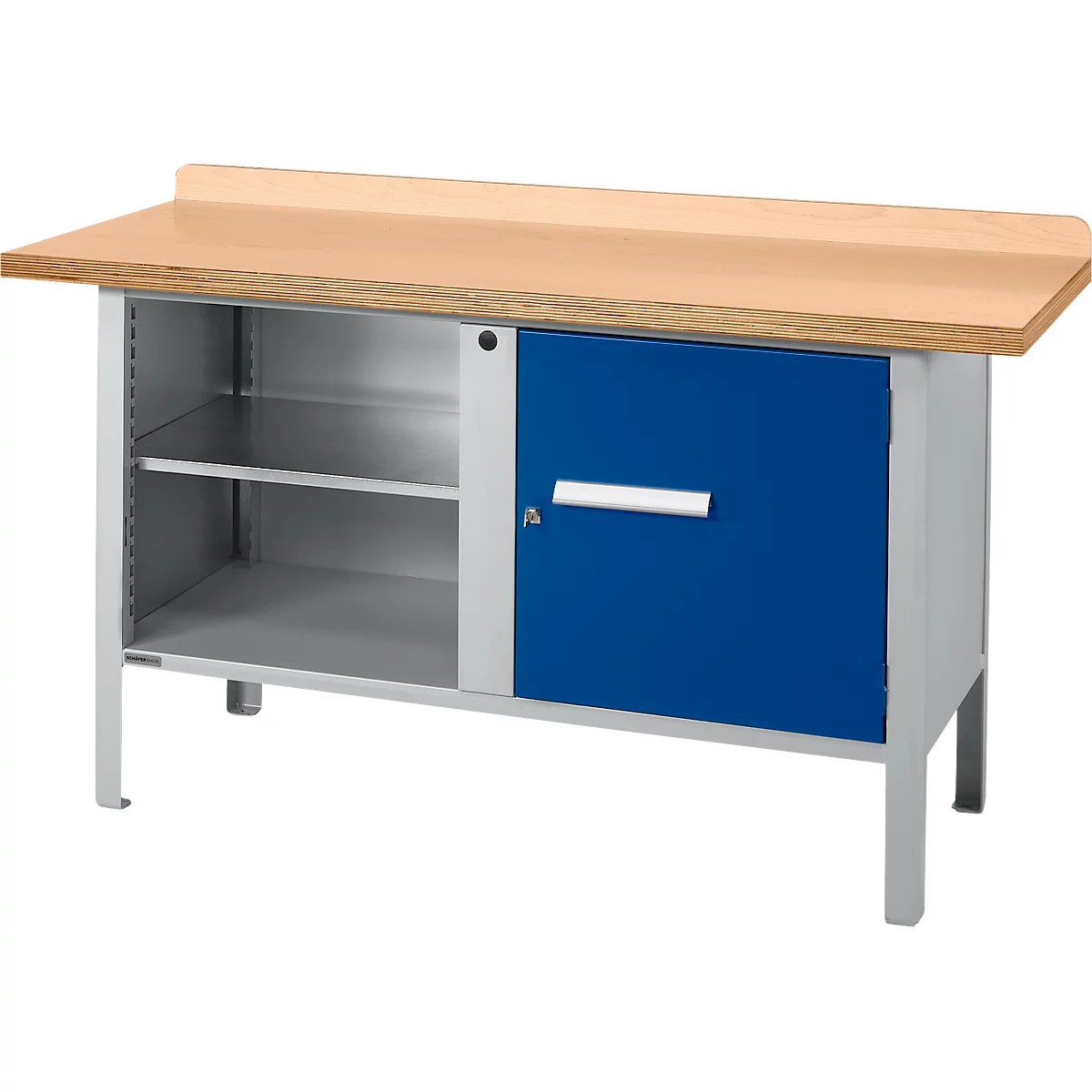 Box-type werkbank Schäfer Shop Select PWi 150-1, beuken multiplex blad, tot 750 kg, B 1500 x D 700 x H 840 mm, gentiaanblauw