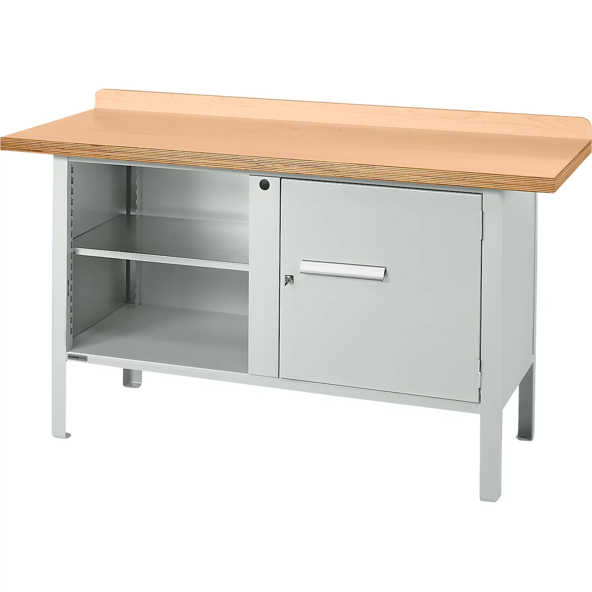 Box-type werkbank Schäfer Shop Select PWi 150-1, beuken multiplex blad, tot 750 kg, B 1500 x D 700 x H 840 mm, lichtgrijs