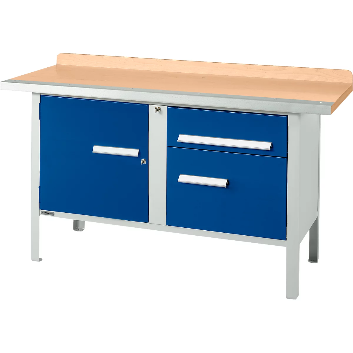 Box-type werkbank Schäfer Shop Select PWi 150-3, beuken multiplex blad, met stalen rand, tot 750 kg, B 1500 x D 700 x H 840 mm, gentiaanblauw