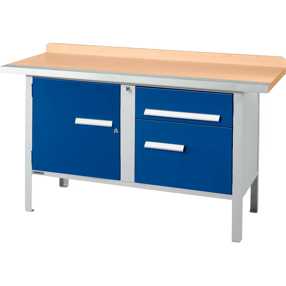 Box-type werkbank Schäfer Shop Select PWi 150-3, beuken multiplex blad, met stalen rand, tot 750 kg, B 1500 x D 700 x H 840 mm, gentiaanblauw