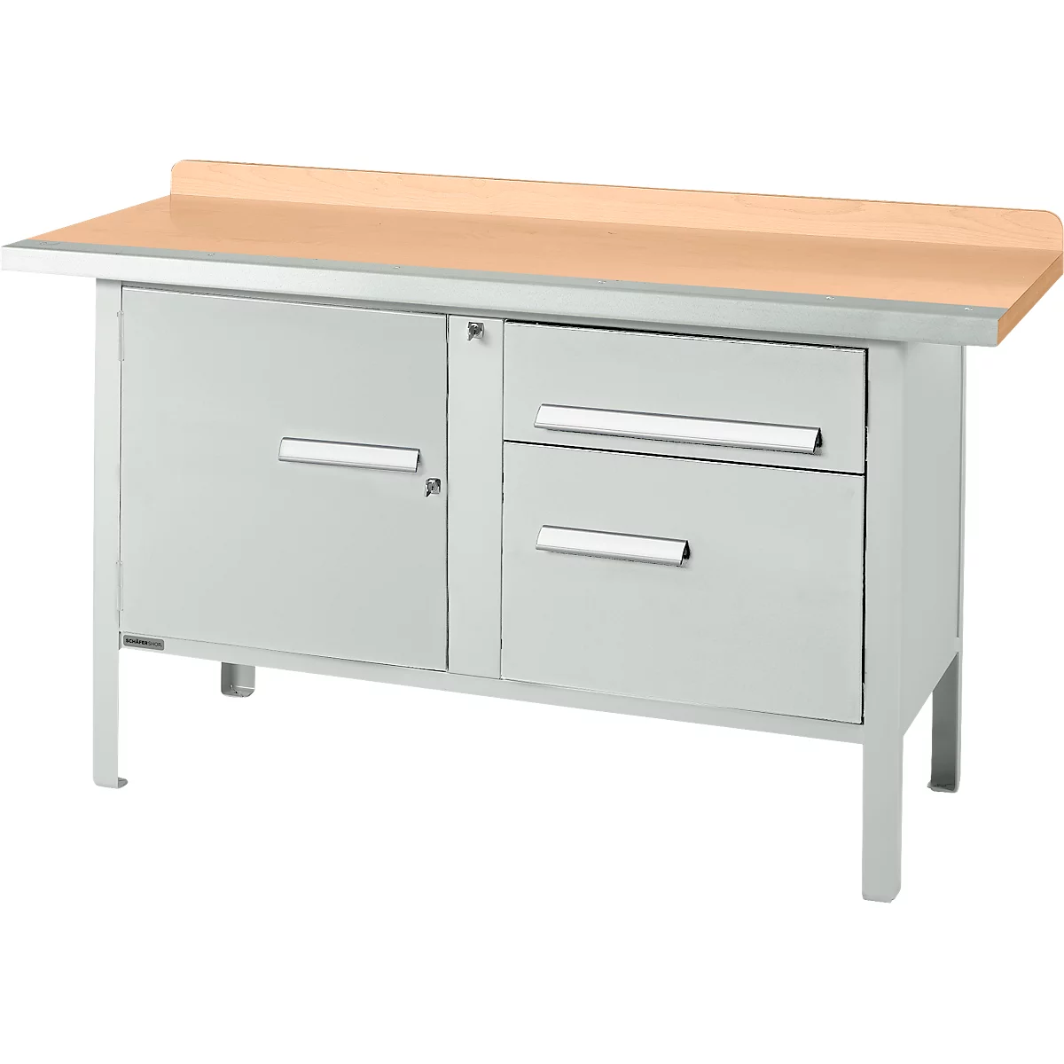 Box-type werkbank Schäfer Shop Select PWi 150-3, beuken multiplex blad, met stalen rand, tot 750 kg, B 1500 x D 700 x H 840 mm, lichtgrijs