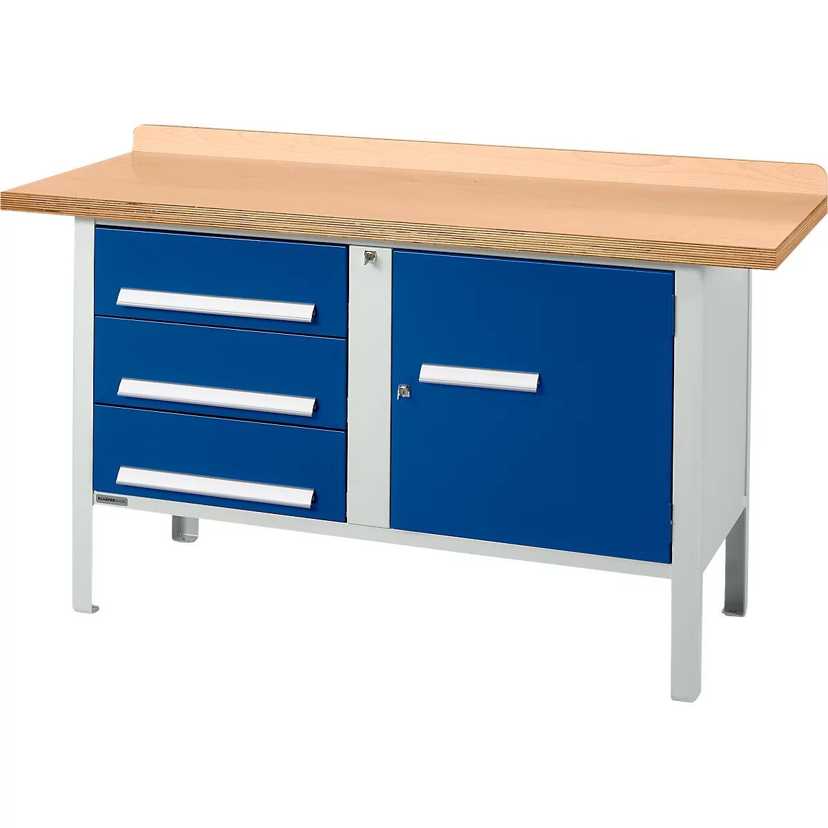 Box-type werkbank Schäfer Shop Select PWi 150-4, beuken multiplex blad, tot 750 kg, B 1500 x D 700 x H 840 mm, gentiaanblauw