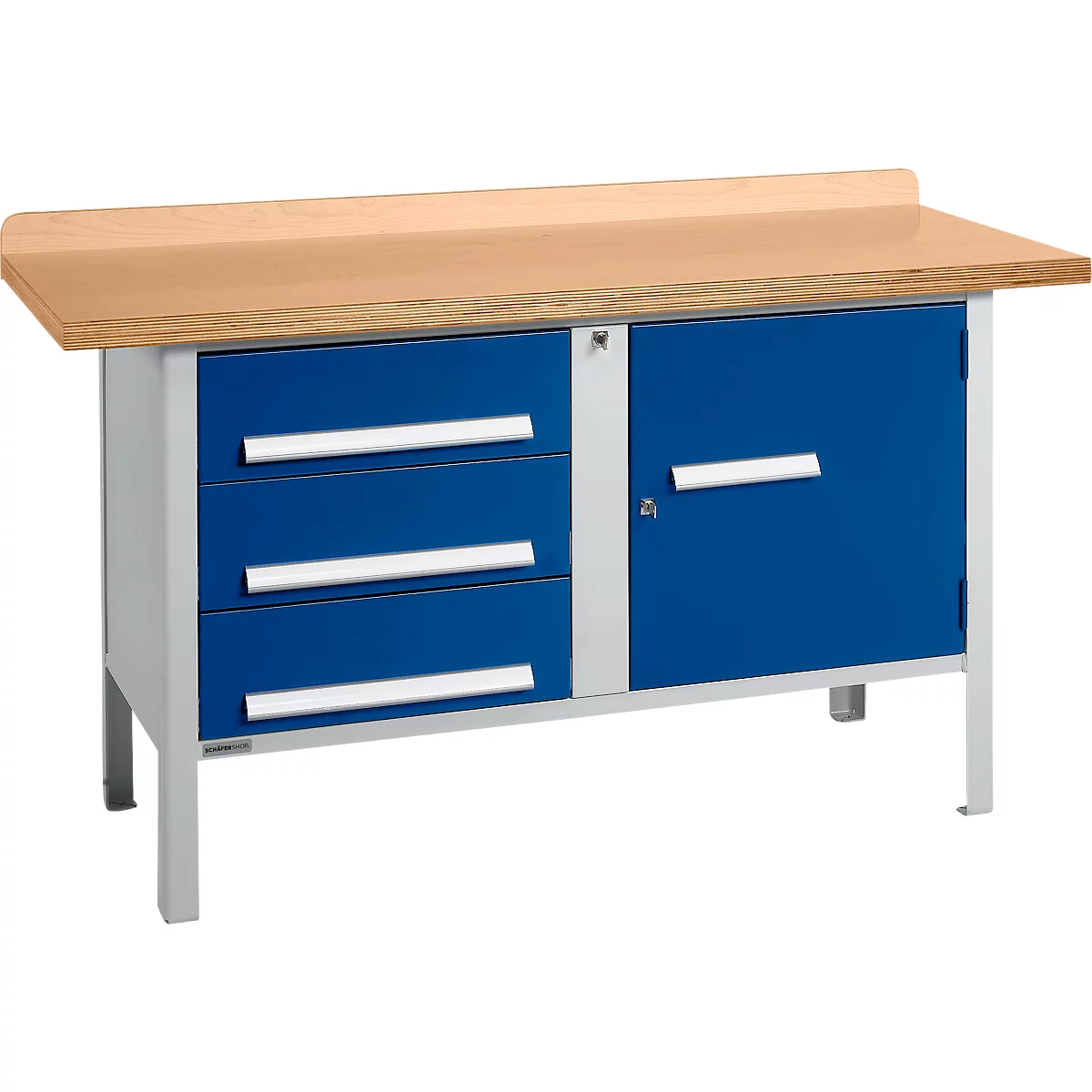 Box-type werkbank Schäfer Shop Select PWi 150-4, beuken multiplex blad, tot 750 kg, B 1500 x D 700 x H 840 mm, gentiaanblauw