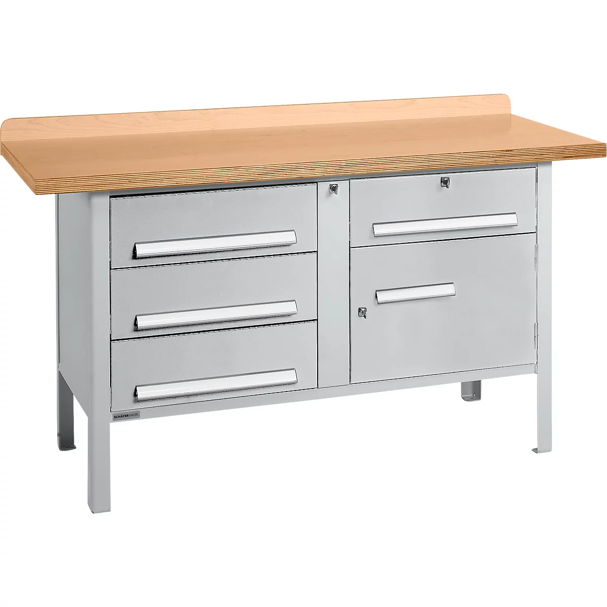 Box-type werkbank Schäfer Shop Select PWi 150-5, beuken multiplex blad, tot 750 kg, B 1500 x D 700 x H 840 mm, blank aluminium