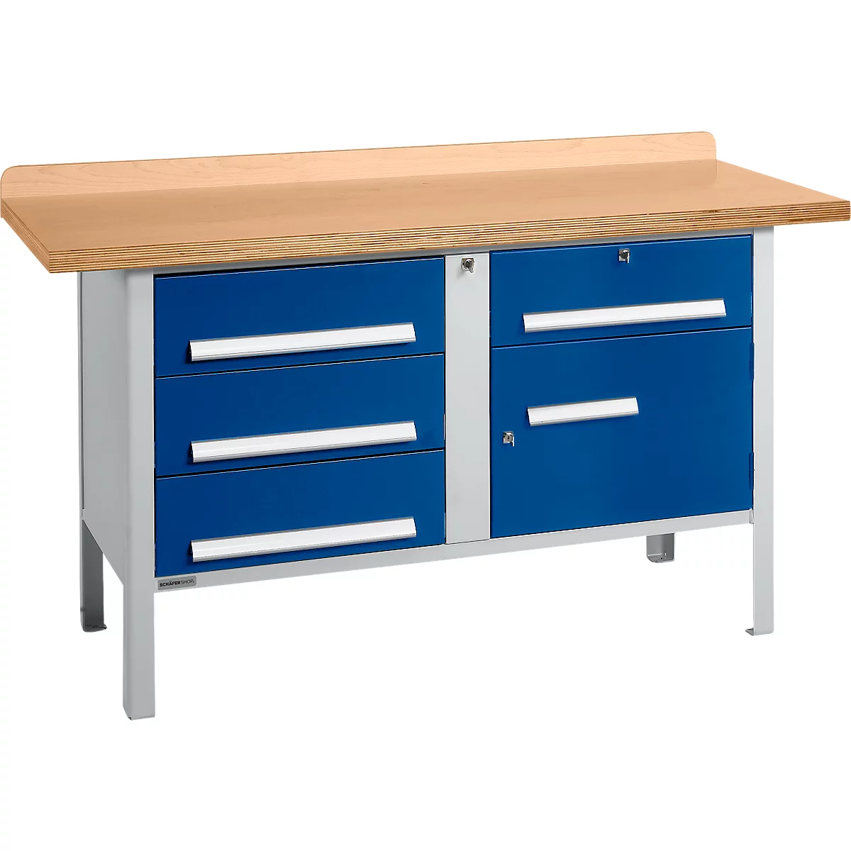 Box-type werkbank Schäfer Shop Select PWi 150-5, beuken multiplex blad, tot 750 kg, B 1500 x D 700 x H 840 mm, gentiaanblauw