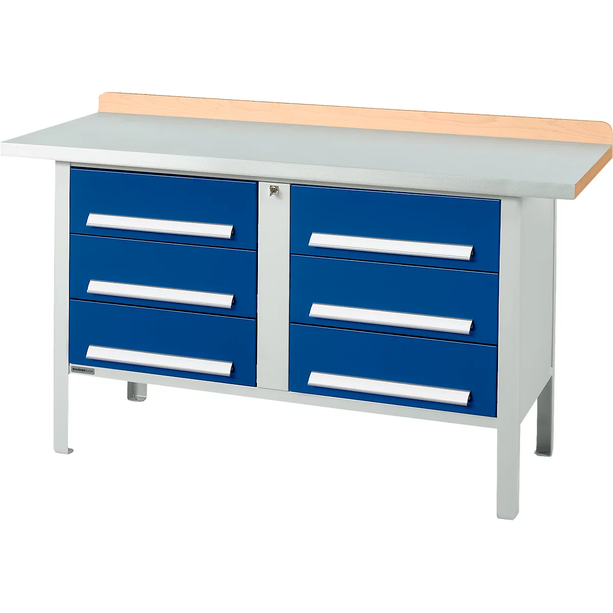 Box-type werkbank Schäfer Shop Select PWi 150-6, beuken multiplex blad, met stalen afdekking, tot 750 kg, B 1500 x D 700 x H 840 mm, gentiaanblauw
