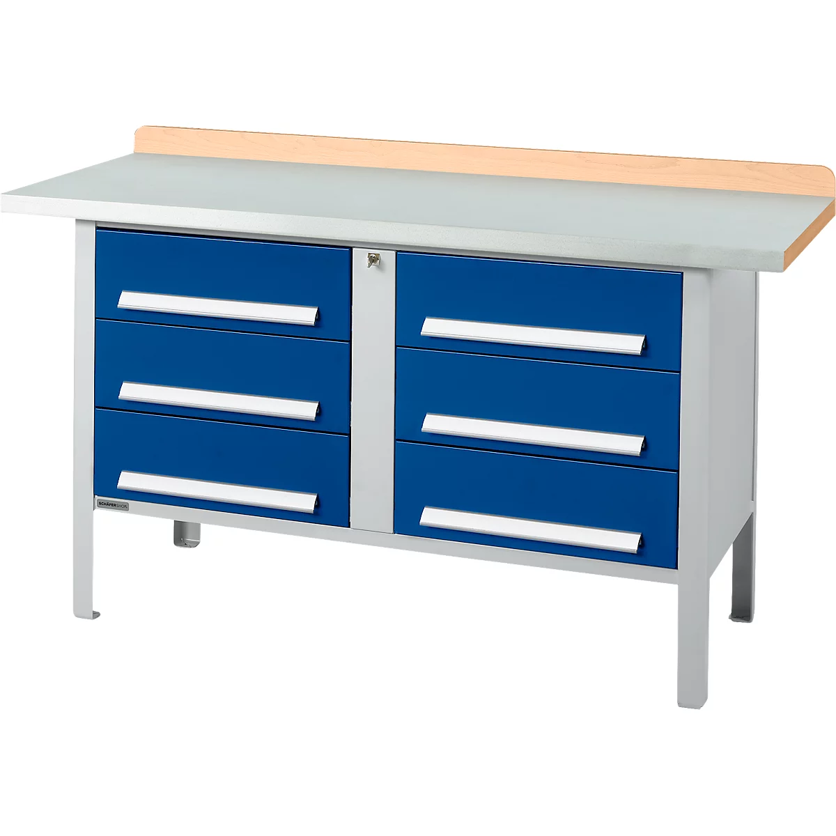 Box-type werkbank Schäfer Shop Select PWi 150-6, beuken multiplex blad, met stalen afdekking, tot 750 kg, B 1500 x D 700 x H 840 mm, gentiaanblauw