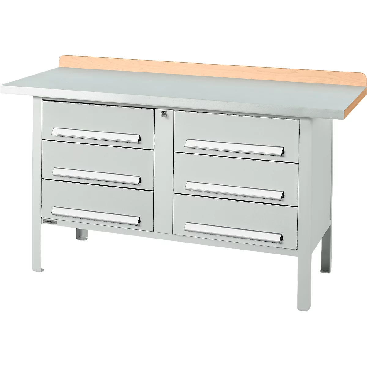Box-type werkbank Schäfer Shop Select PWi 150-6, beuken multiplex blad, met stalen afdekking, tot 750 kg, B 1500 x D 700 x H 840 mm, lichtgrijs
