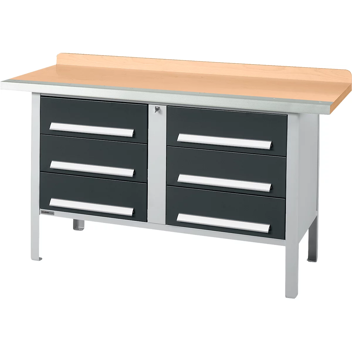 Box-type werkbank Schäfer Shop Select PWi 150-6, beuken multiplex blad, met stalen rand, tot 750 kg, B 1500 x D 700 x H 840 mm, antraciet