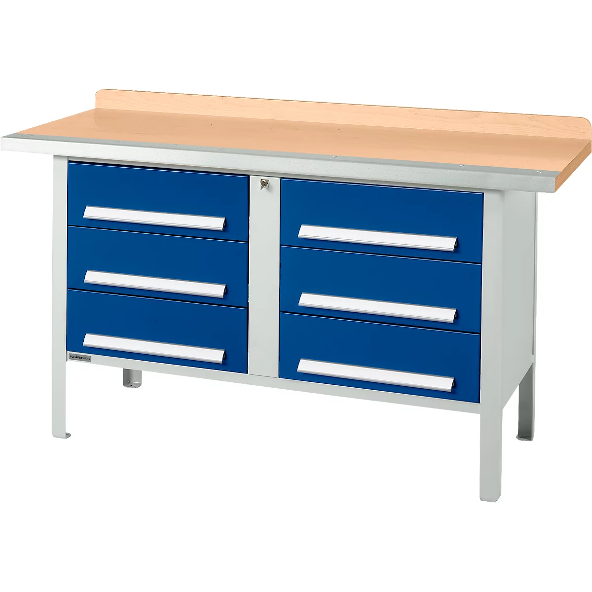 Box-type werkbank Schäfer Shop Select PWi 150-6, beuken multiplex blad, met stalen rand, tot 750 kg, B 1500 x D 700 x H 840 mm, gentiaanblauw