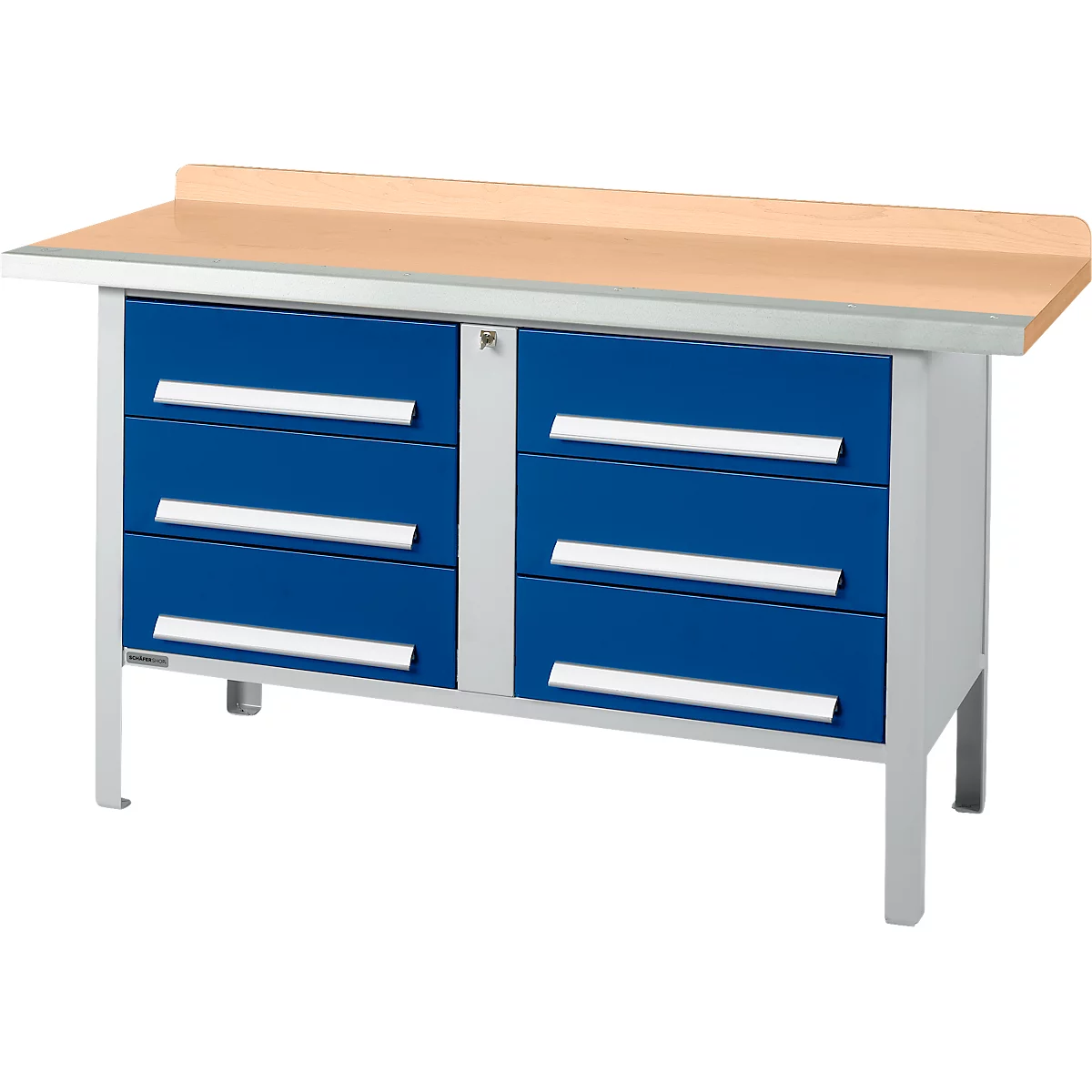 Box-type werkbank Schäfer Shop Select PWi 150-6, beuken multiplex blad, met stalen rand, tot 750 kg, B 1500 x D 700 x H 840 mm, gentiaanblauw