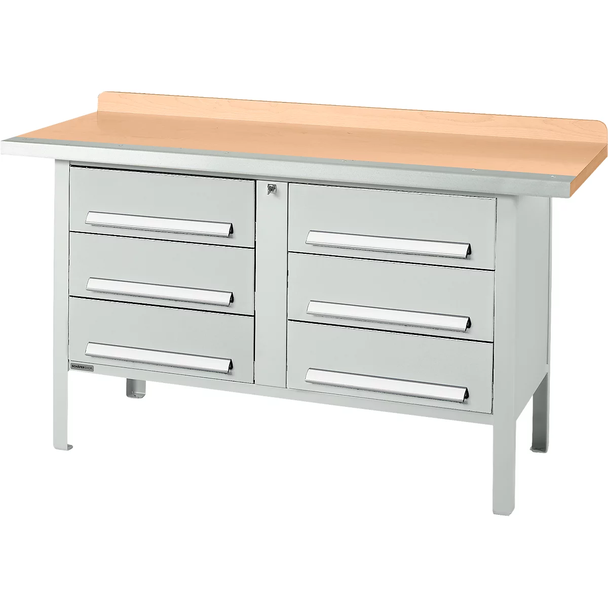 Box-type werkbank Schäfer Shop Select PWi 150-6, beuken multiplex blad, met stalen rand, tot 750 kg, B 1500 x D 700 x H 840 mm, lichtgrijs