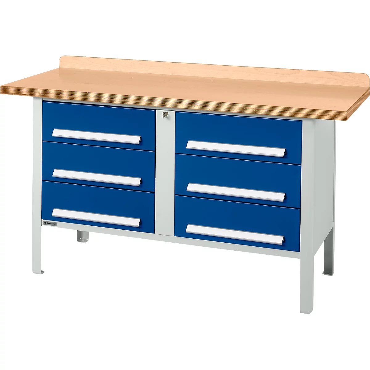 Box-type werkbank Schäfer Shop Select PWi 150-6, beuken multiplex blad, tot 750 kg, B 1500 x D 700 x H 840 mm, gentiaanblauw