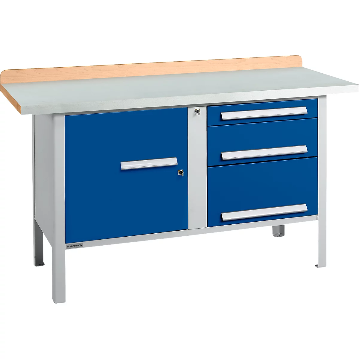 Box-type werkbank Schäfer Shop Select PWi 150-7, beuken multiplex blad, met stalen afdekking, tot 750 kg, B 1500 x D 700 x H 840 mm, gentiaanblauw