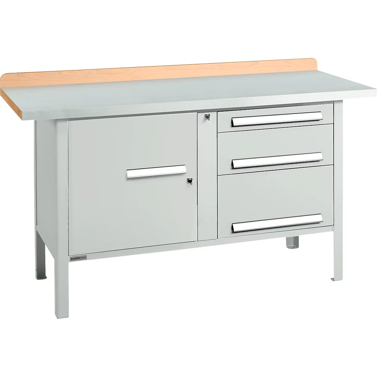 Box-type werkbank Schäfer Shop Select PWi 150-7, beuken multiplex blad, met stalen afdekking, tot 750 kg, B 1500 x D 700 x H 840 mm, lichtgrijs