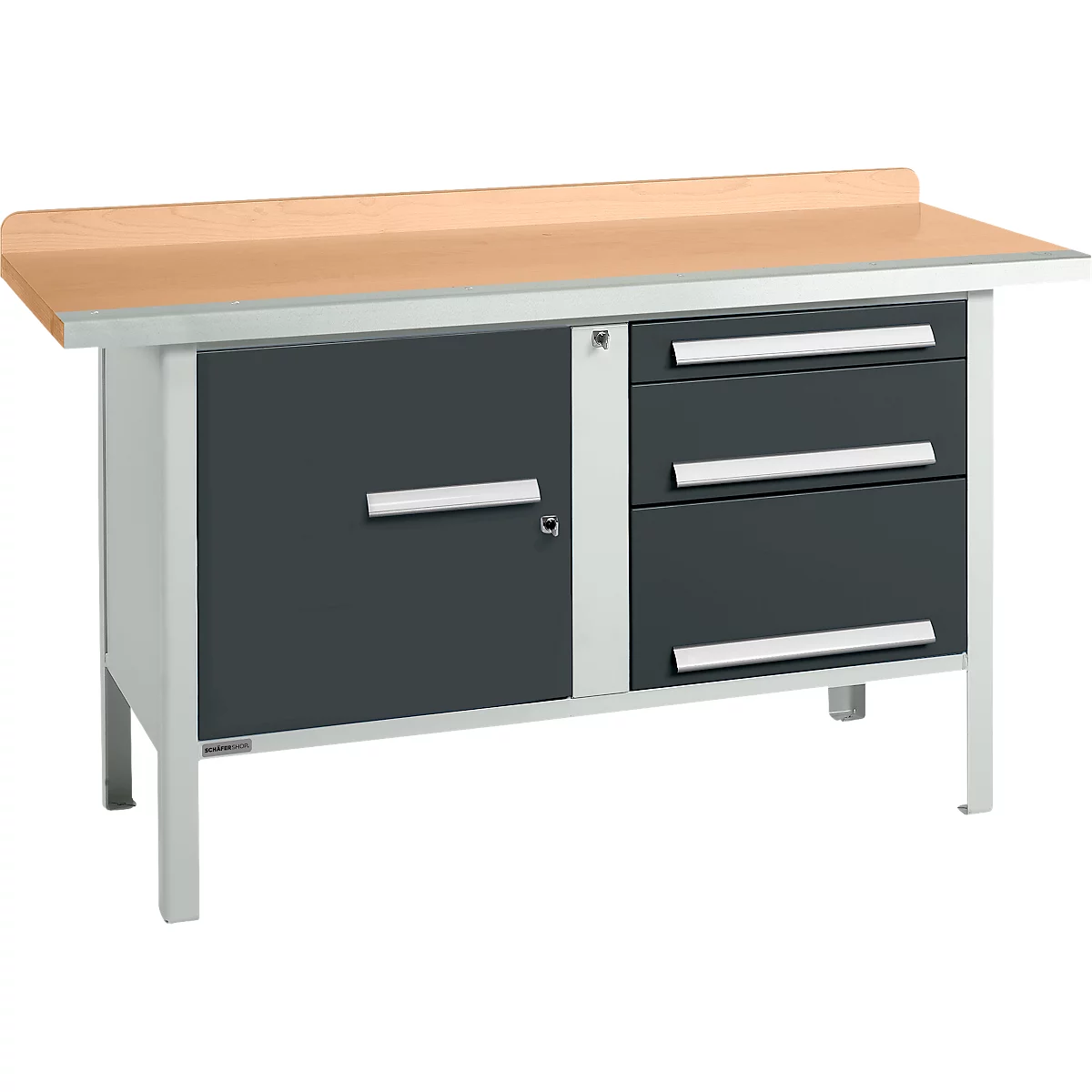Box-type werkbank Schäfer Shop Select PWi 150-7, beuken multiplex blad, met stalen rand, tot 750 kg, B 1500 x D 700 x H 840 mm, antraciet