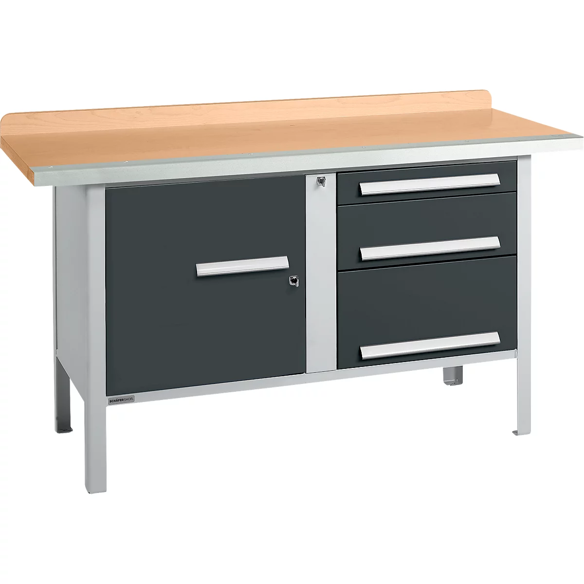 Box-type werkbank Schäfer Shop Select PWi 150-7, beuken multiplex blad, met stalen rand, tot 750 kg, B 1500 x D 700 x H 840 mm, antraciet