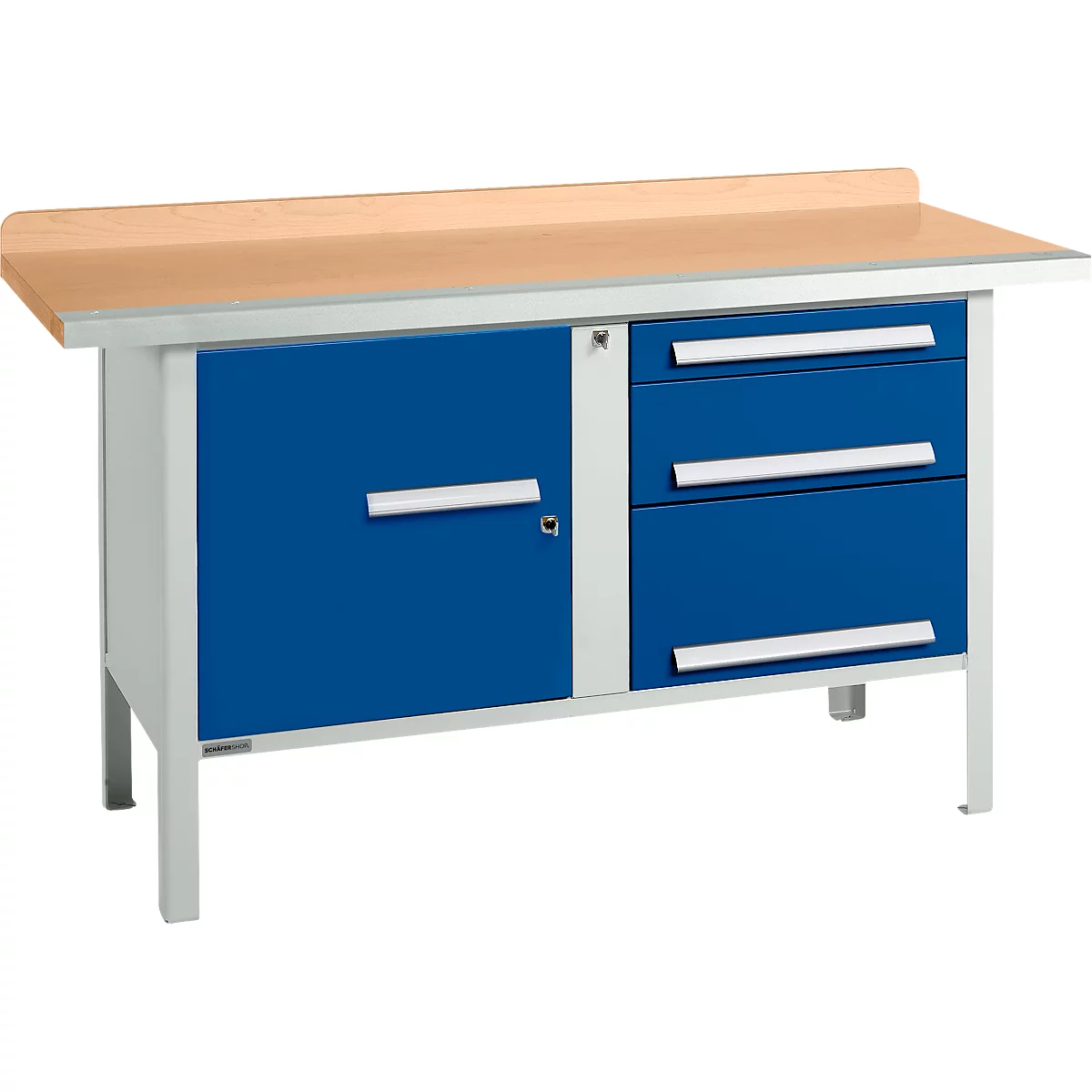 Box-type werkbank Schäfer Shop Select PWi 150-7, beuken multiplex blad, met stalen rand, tot 750 kg, B 1500 x D 700 x H 840 mm, gentiaanblauw