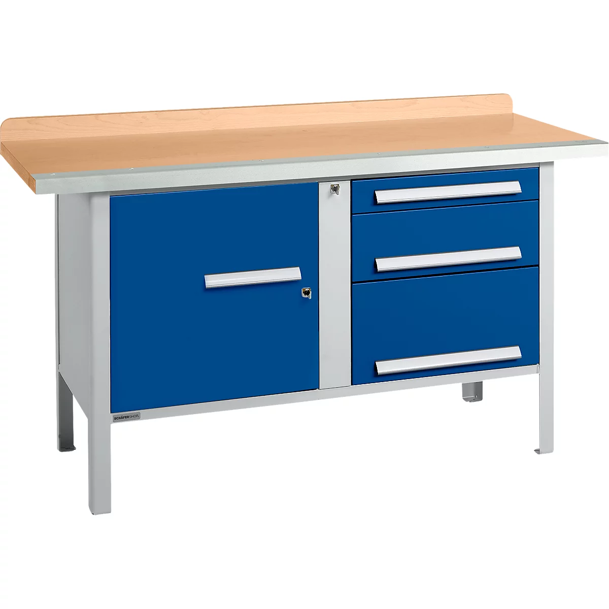 Box-type werkbank Schäfer Shop Select PWi 150-7, beuken multiplex blad, met stalen rand, tot 750 kg, B 1500 x D 700 x H 840 mm, gentiaanblauw