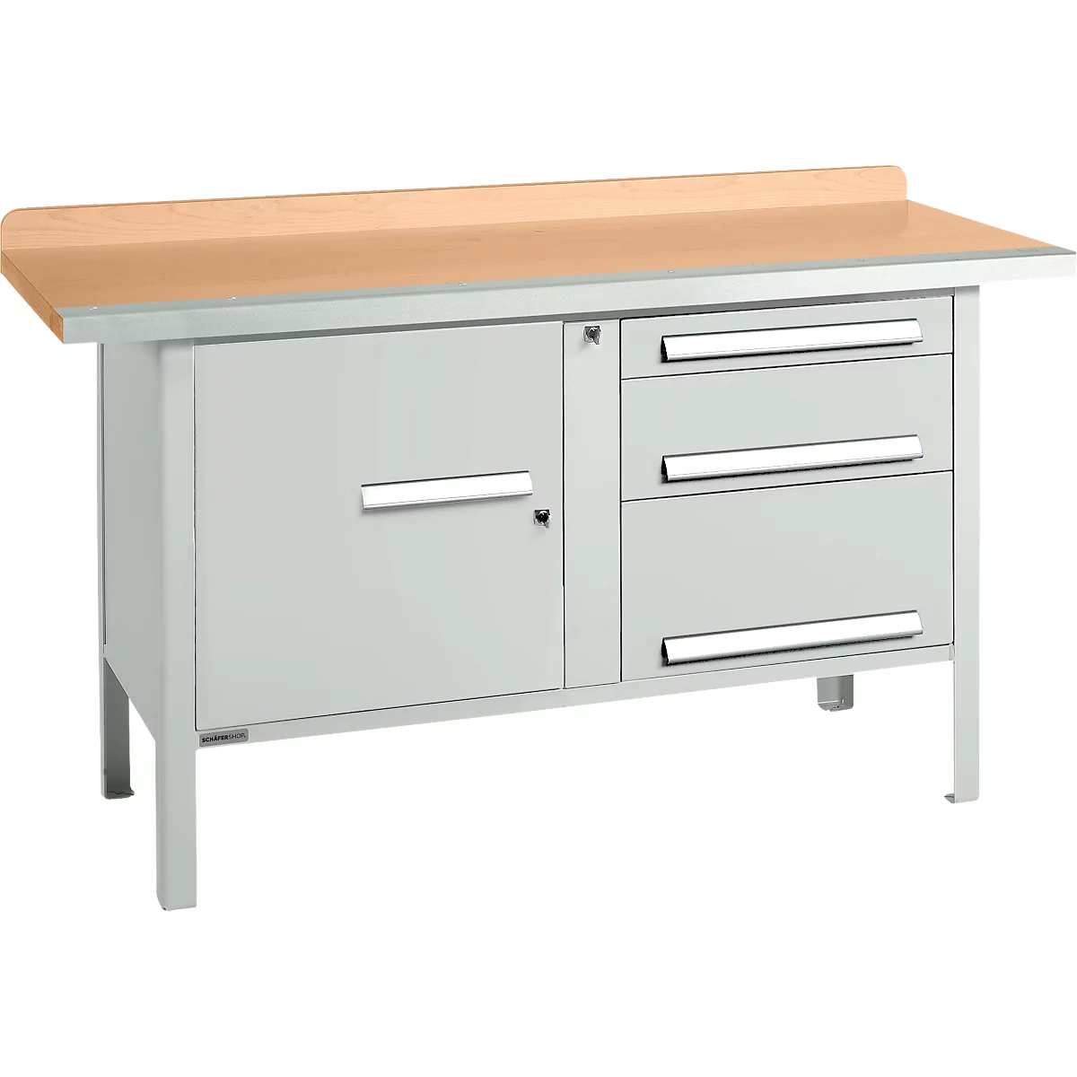 Box-type werkbank Schäfer Shop Select PWi 150-7, beuken multiplex blad, met stalen rand, tot 750 kg, B 1500 x D 700 x H 840 mm, lichtgrijs