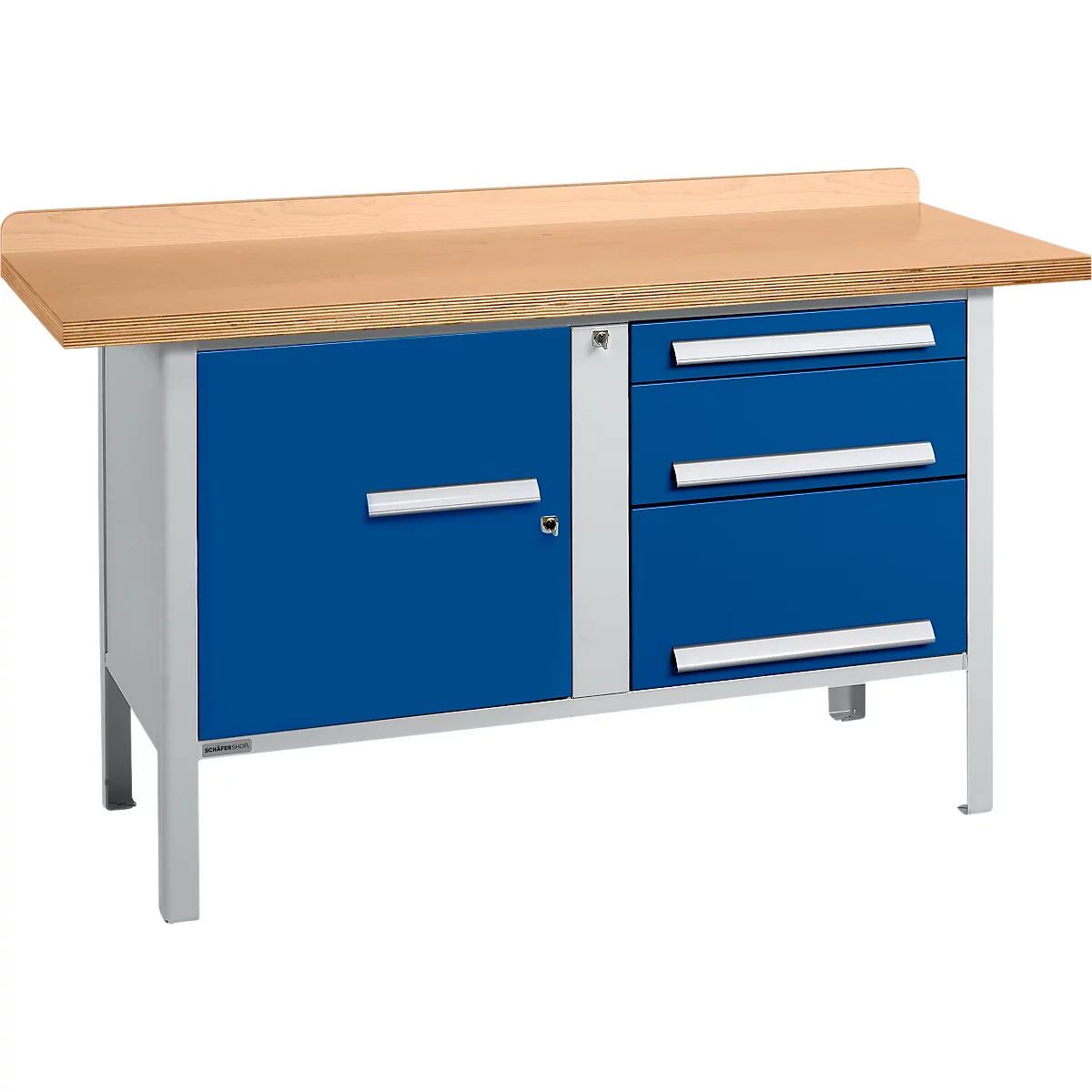 Box-type werkbank Schäfer Shop Select PWi 150-7, beuken multiplex blad, tot 750 kg, B 1500 x D 700 x H 840 mm, gentiaanblauw