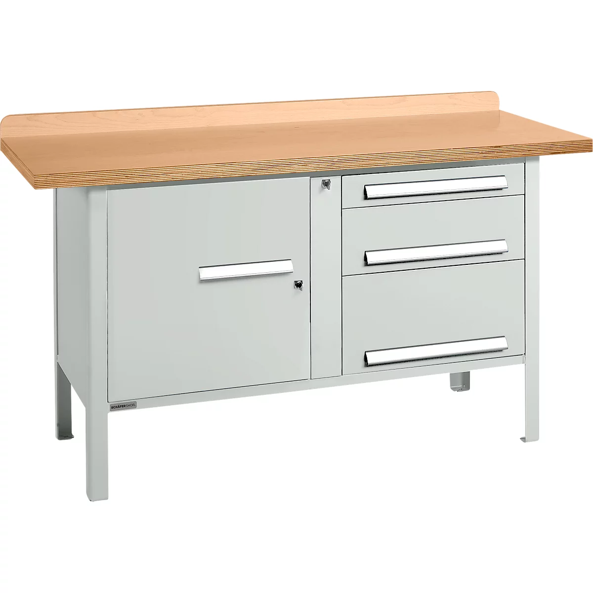 Box-type werkbank Schäfer Shop Select PWi 150-7, beuken multiplex blad, tot 750 kg, B 1500 x D 700 x H 840 mm, lichtgrijs
