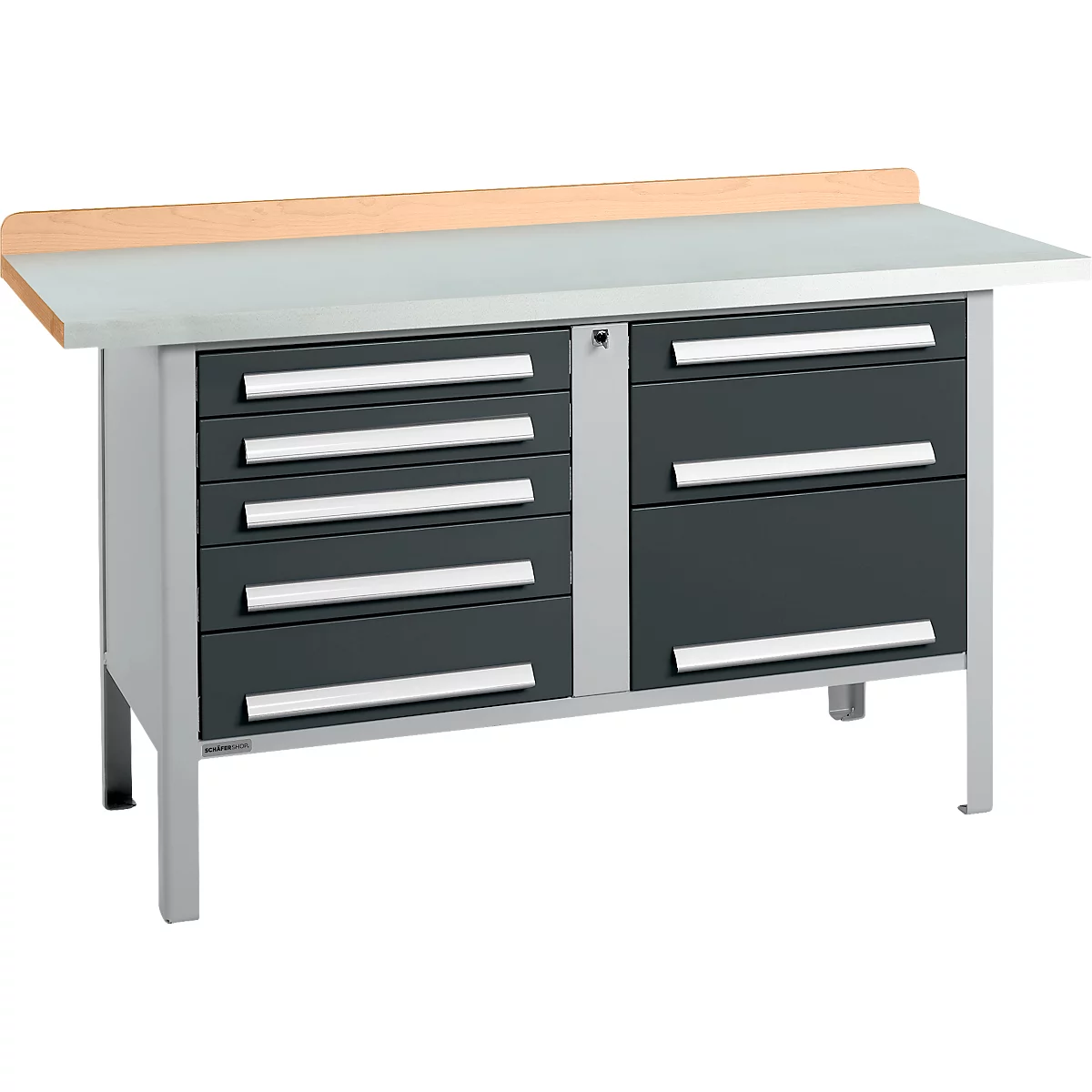 Box-type werkbank Schäfer Shop Select PWi 150-8, beuken multiplex blad, met stalen afdekking, tot 750 kg, B 1500 x D 700 x H 840 mm, antraciet