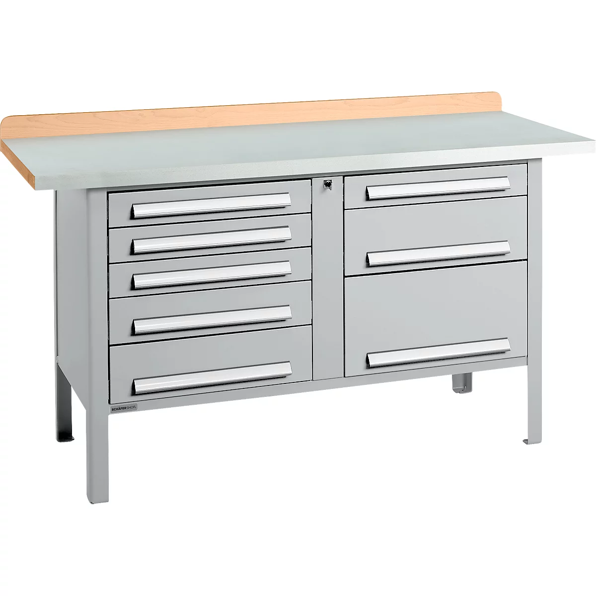 Box-type werkbank Schäfer Shop Select PWi 150-8, beuken multiplex blad, met stalen afdekking, tot 750 kg, B 1500 x D 700 x H 840 mm, blank aluminium