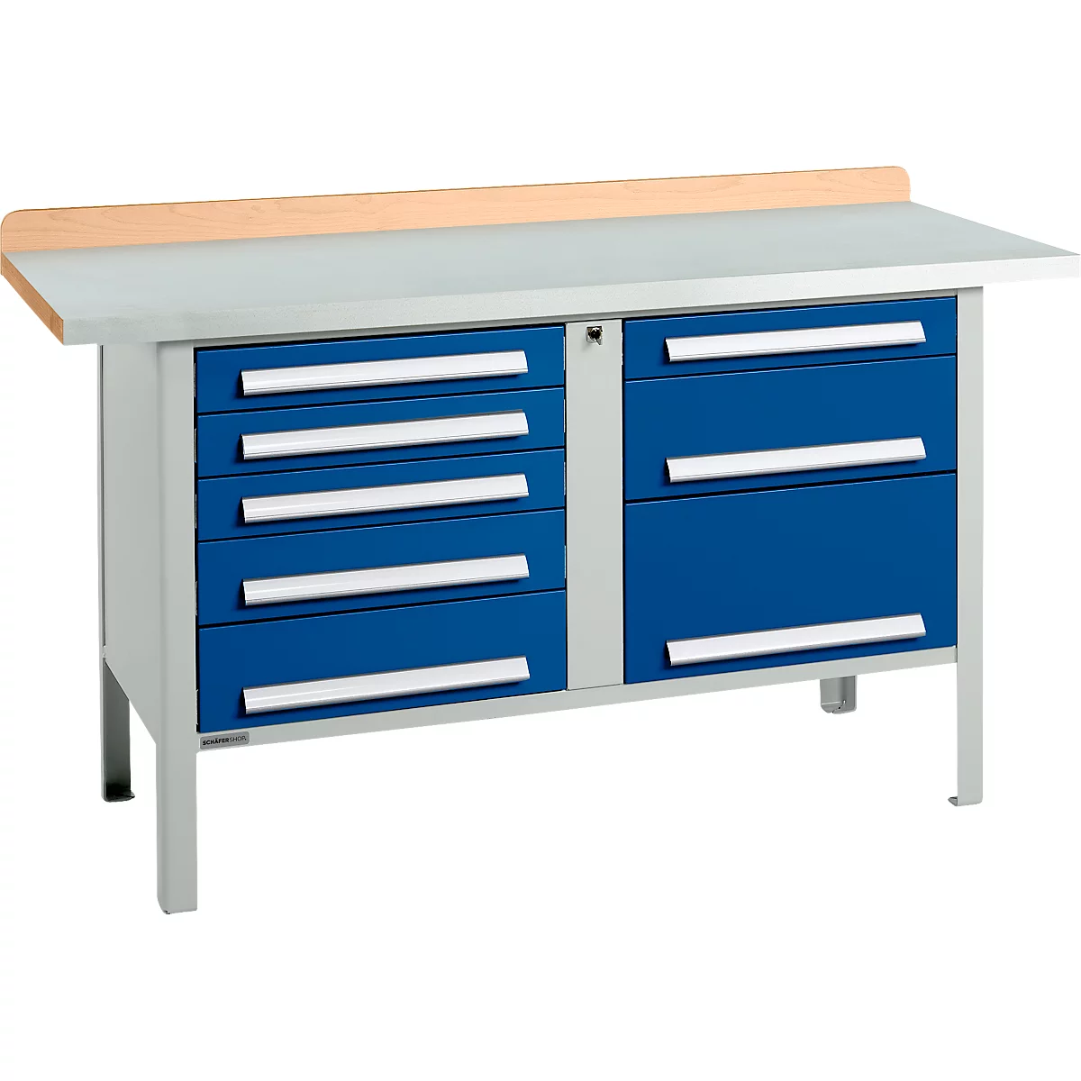 Box-type werkbank Schäfer Shop Select PWi 150-8, beuken multiplex blad, met stalen afdekking, tot 750 kg, B 1500 x D 700 x H 840 mm, gentiaanblauw