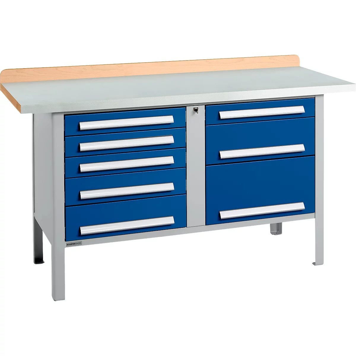 Box-type werkbank Schäfer Shop Select PWi 150-8, beuken multiplex blad, met stalen afdekking, tot 750 kg, B 1500 x D 700 x H 840 mm, gentiaanblauw
