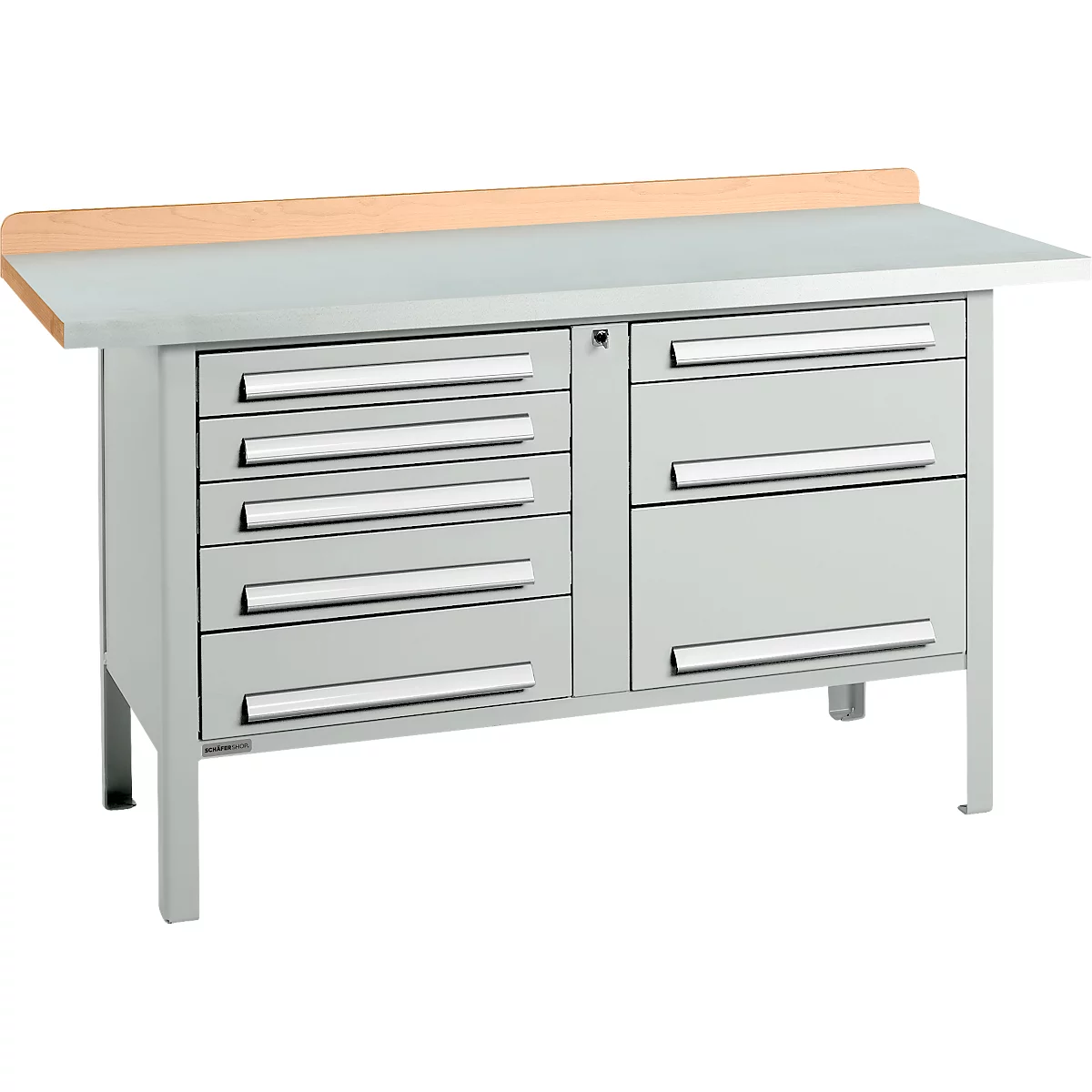 Box-type werkbank Schäfer Shop Select PWi 150-8, beuken multiplex blad, met stalen afdekking, tot 750 kg, B 1500 x D 700 x H 840 mm, lichtgrijs